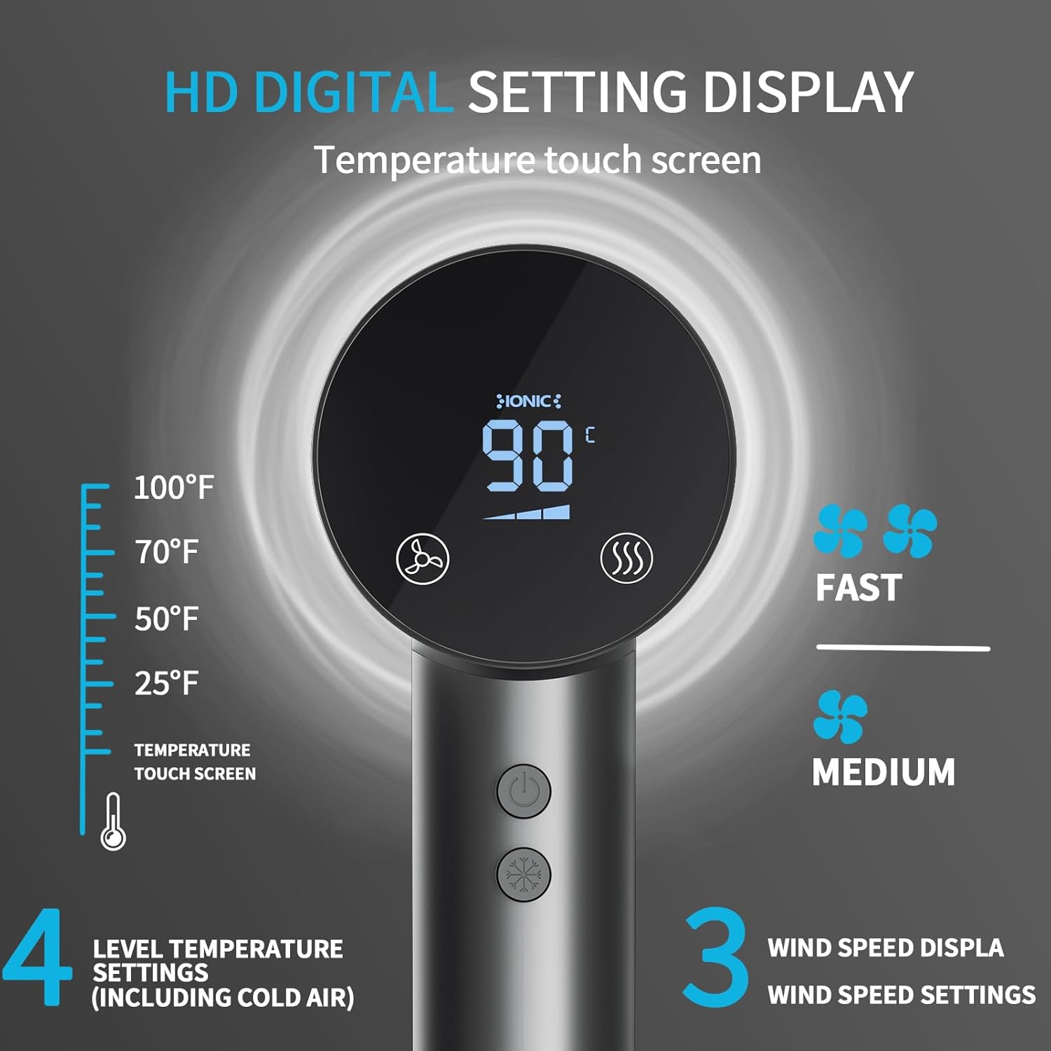 Thumbnail 3 de Ionic Hair Dryer for Women (Grey) 1500W with HD Display, Touch Controls and 4 Heat Settings