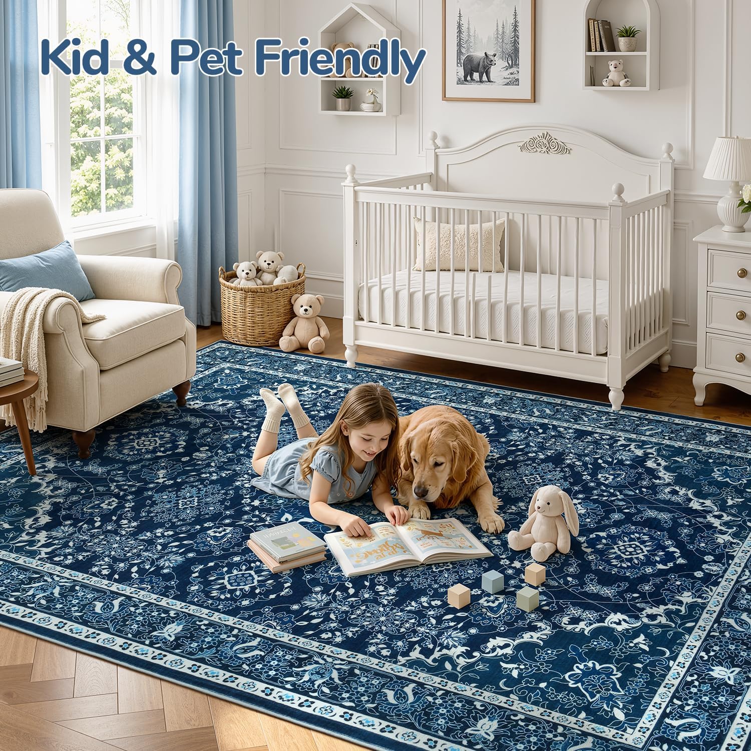 Detalle de Lessymo 9' x 12' Blue Floral Area Rug, Washable Low-Pile Faux Wool