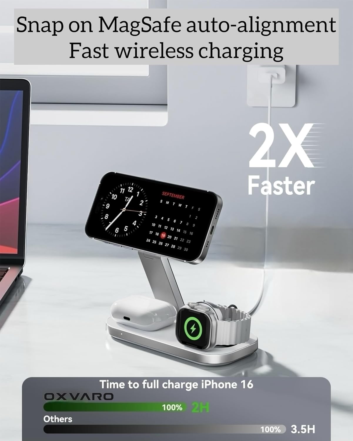 Thumbnail 1 de 3 in 1 Wireless Charging Station – Foldable for iPhone, Apple Watch and AirPods (White)