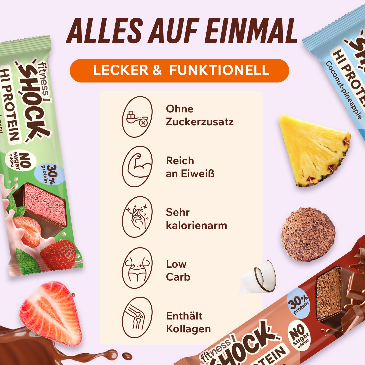 Thumbnail 5 de FitnesSHOCK Proteinriegel-Set (Mix Box) mit hohem 30% Proteingehalt, ohne Zuckerzusatz