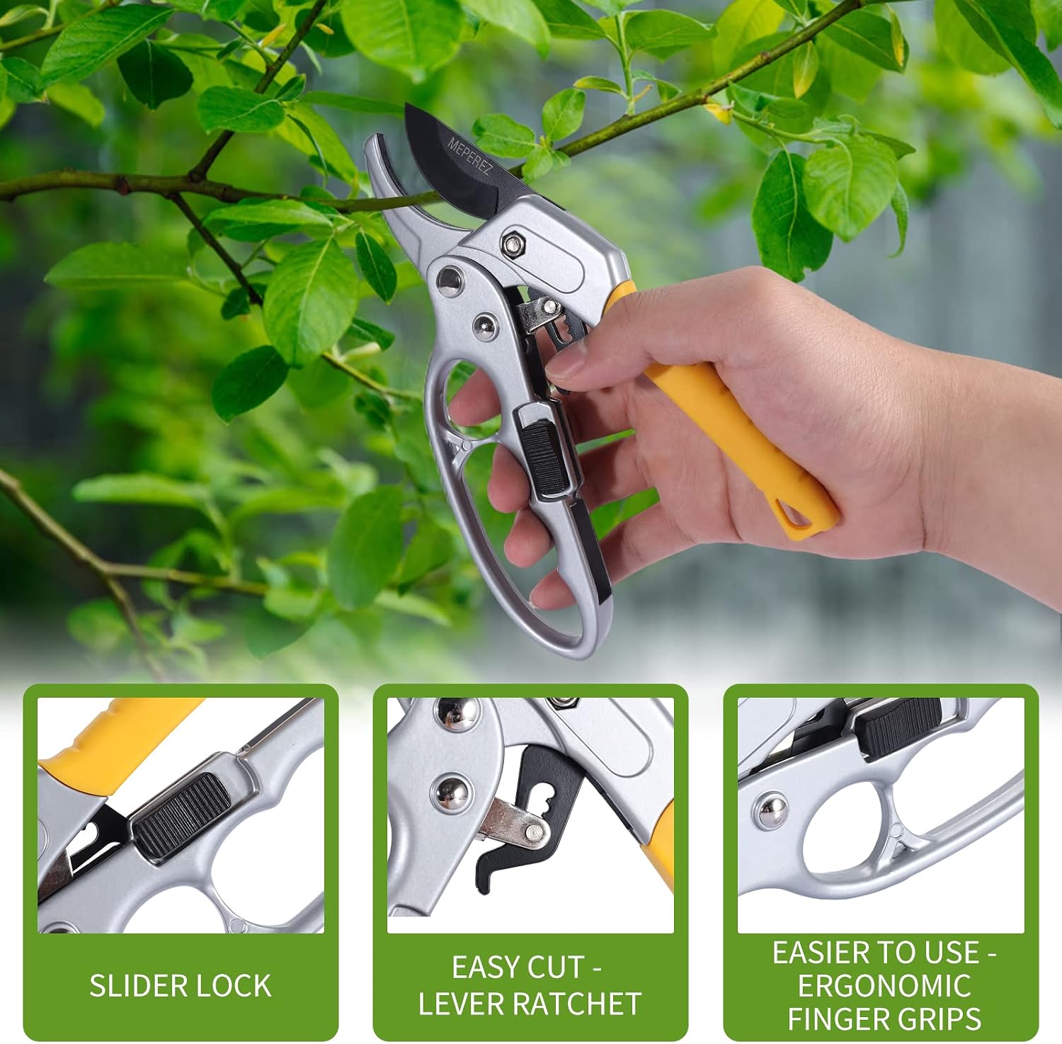 Detalle de MEPEREZ Yellow Pruning Shears, Ratcheting Design, 1-Inch Cutting Capacity