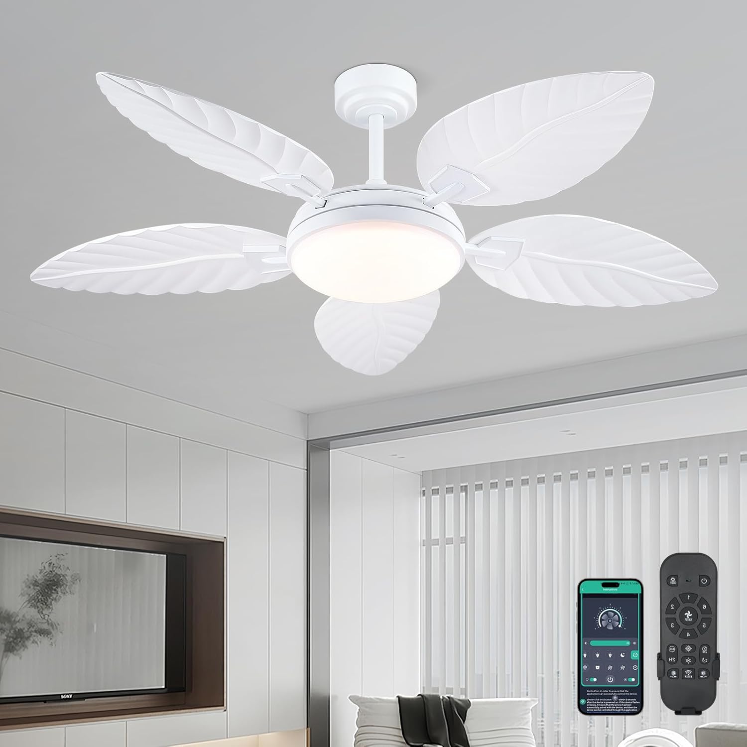 PHORUS 52" Palm Leaf Ceiling Fan with Lights (White Tropical Outdoor Fan w/ Remote & APP) — 6 Speeds, Dimmable LED