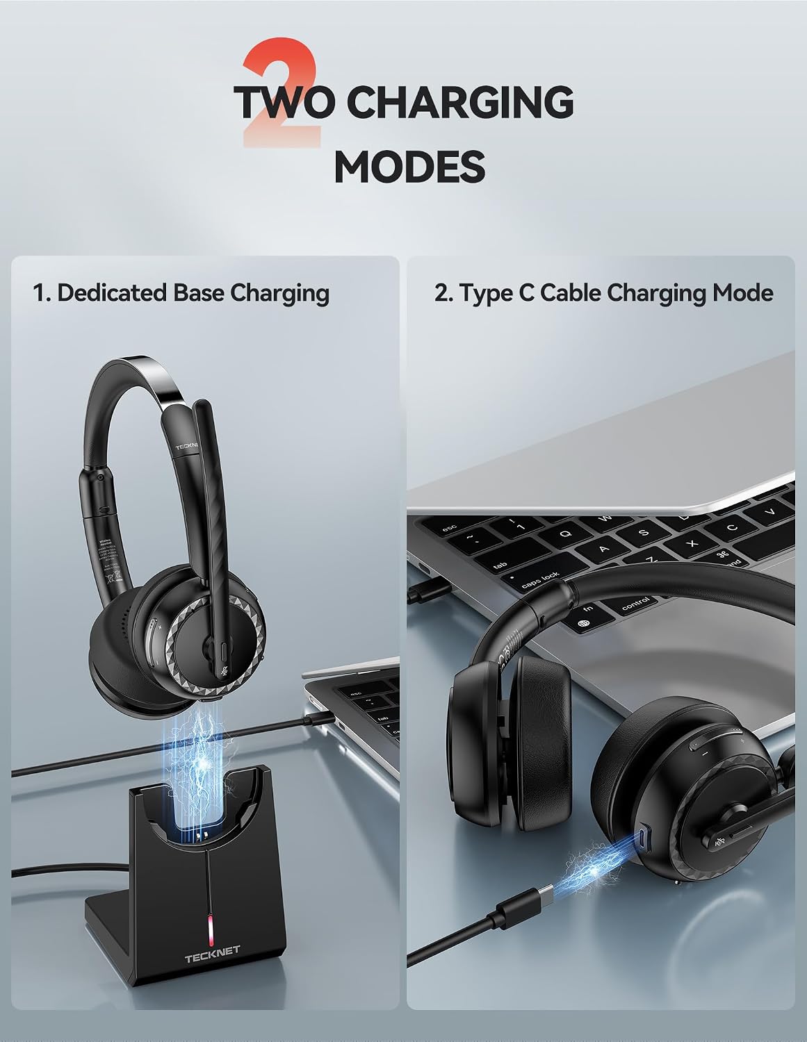 Detalle 2 de TECKNET TK-HS016 Bluetooth Headset with AI Noise-Cancelling Mic and Charging Stand