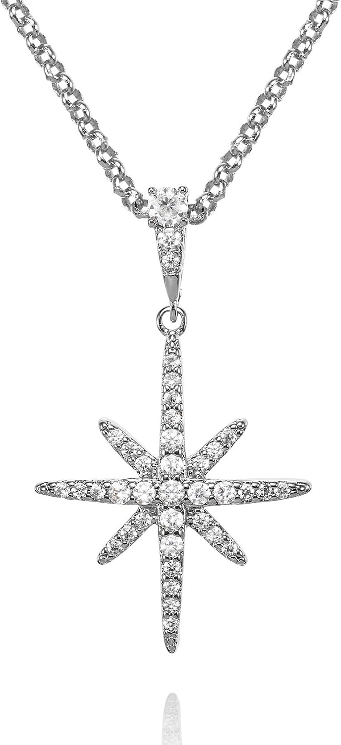 Detalle de namana Collier Étoile Polaire pavé de zircons pour femme, chaîne forçat réglable avec écrin cadeau