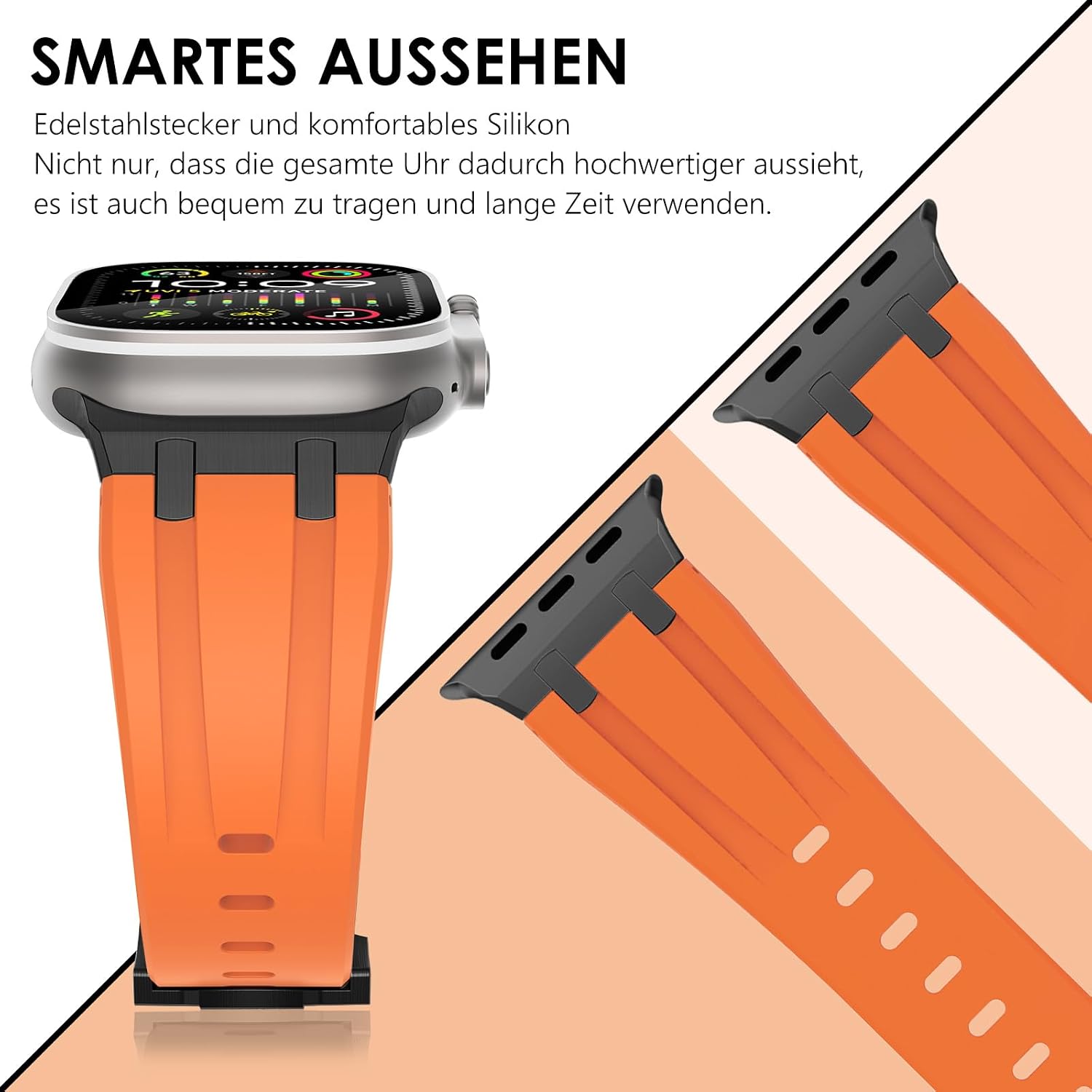Detalle de NewWays silicone strap for Apple Watch (42mm/41mm/40mm/38mm) with stainless steel connector – Orange/Black