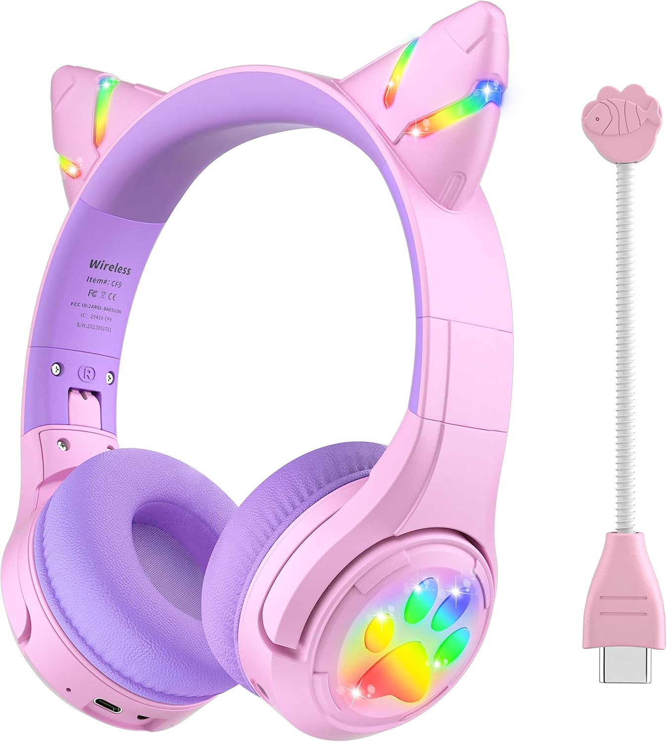 Detalle de Riwbox CF9 Cat Ear Kids Bluetooth Headphones with LED, 85dB Safe Volume Limit, Built-in Mic (Purple)