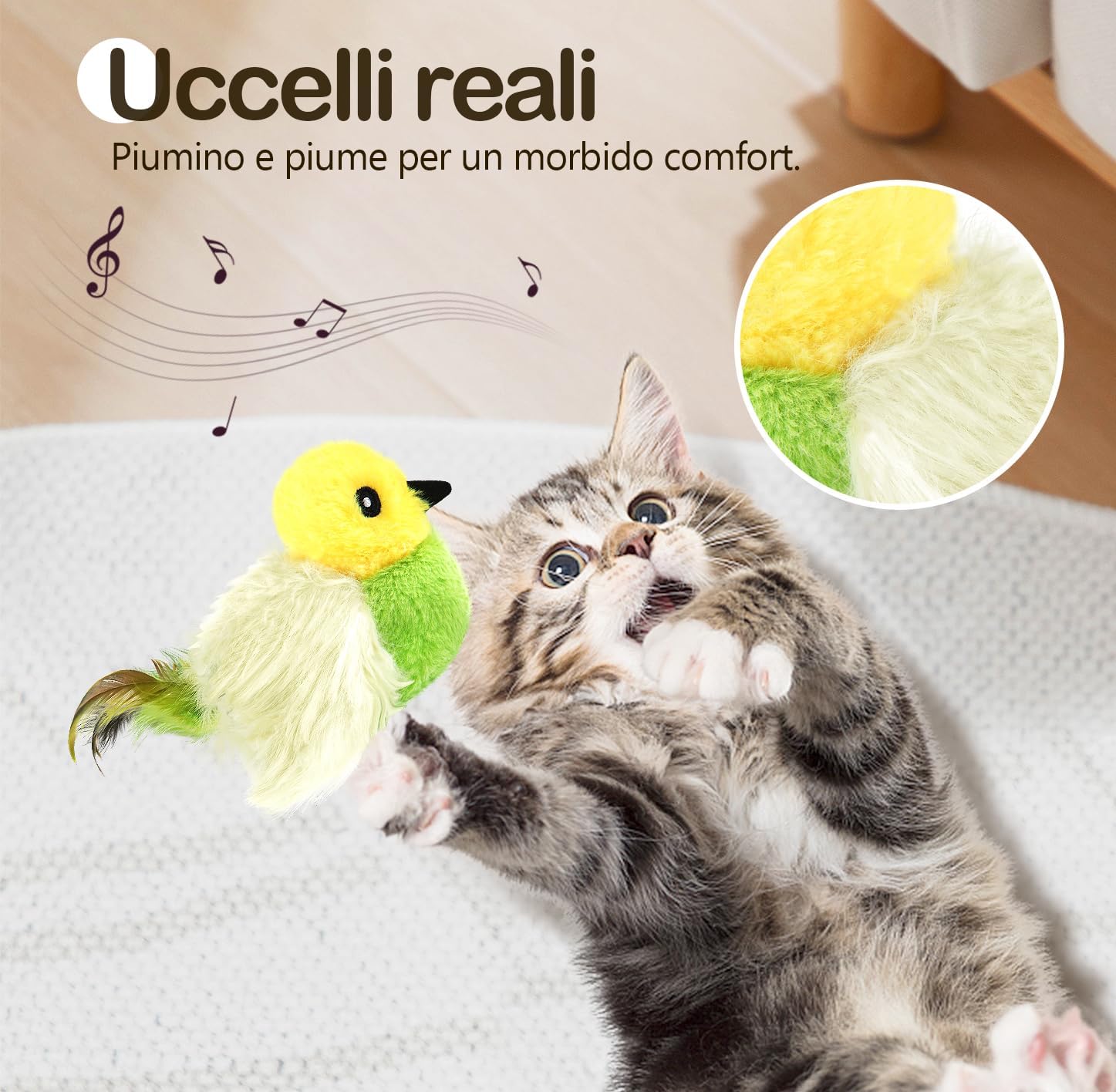 Detalle de Migipaws Giocattolo interattivo per gatti – Flappy Bird 3 in 1, elastico da 80 cm, cinguettio e erba gatta