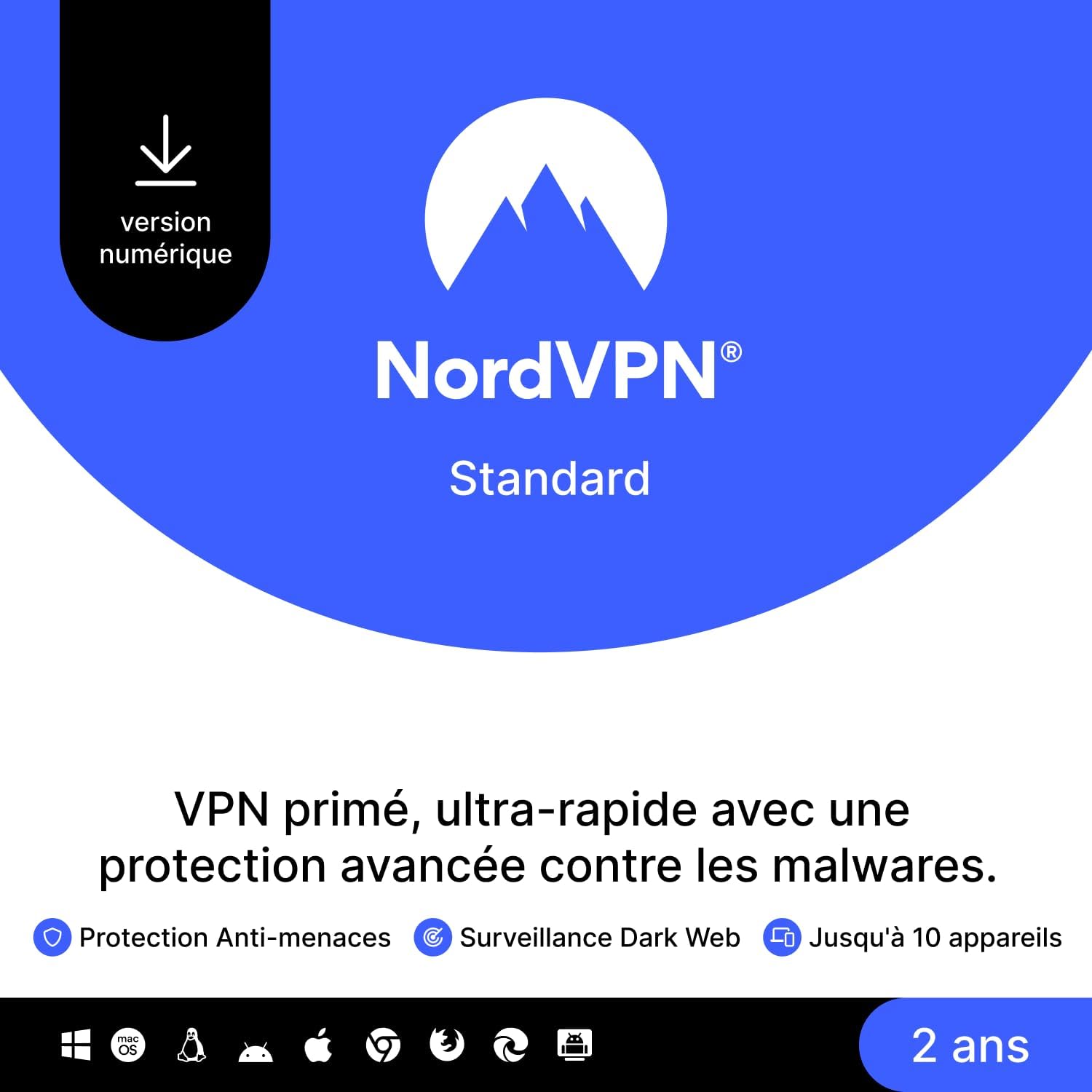 Detalle de NordVPN Standard – Exclusivité Amazon, 10 appareils, 1 an + 1 mois supplémentaire, code numérique