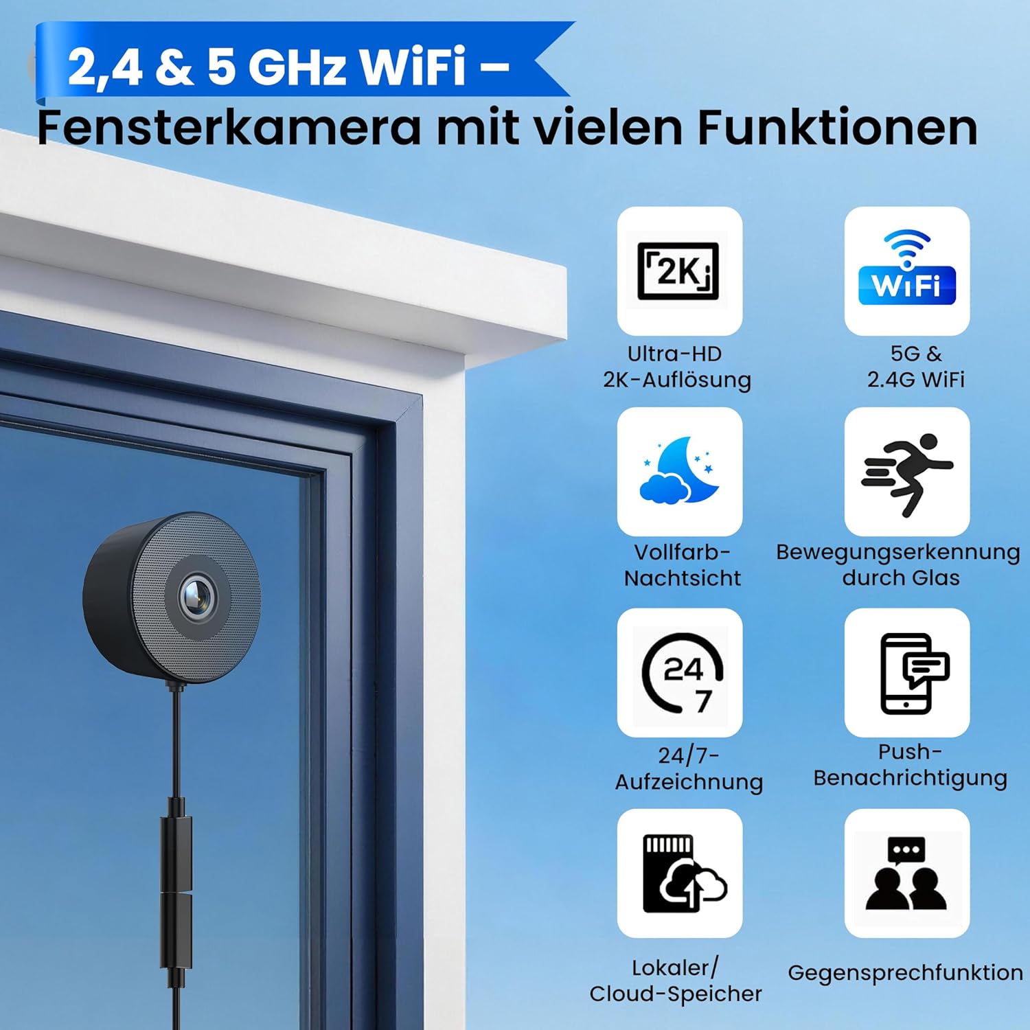 Thumbnail 1 de Fensterkamera aidowocam – 2K Innen/Außenüberwachung mit 5G/2.4GHz WLAN, Cloud/SD-Speicher und 24/7 Aufnahme
