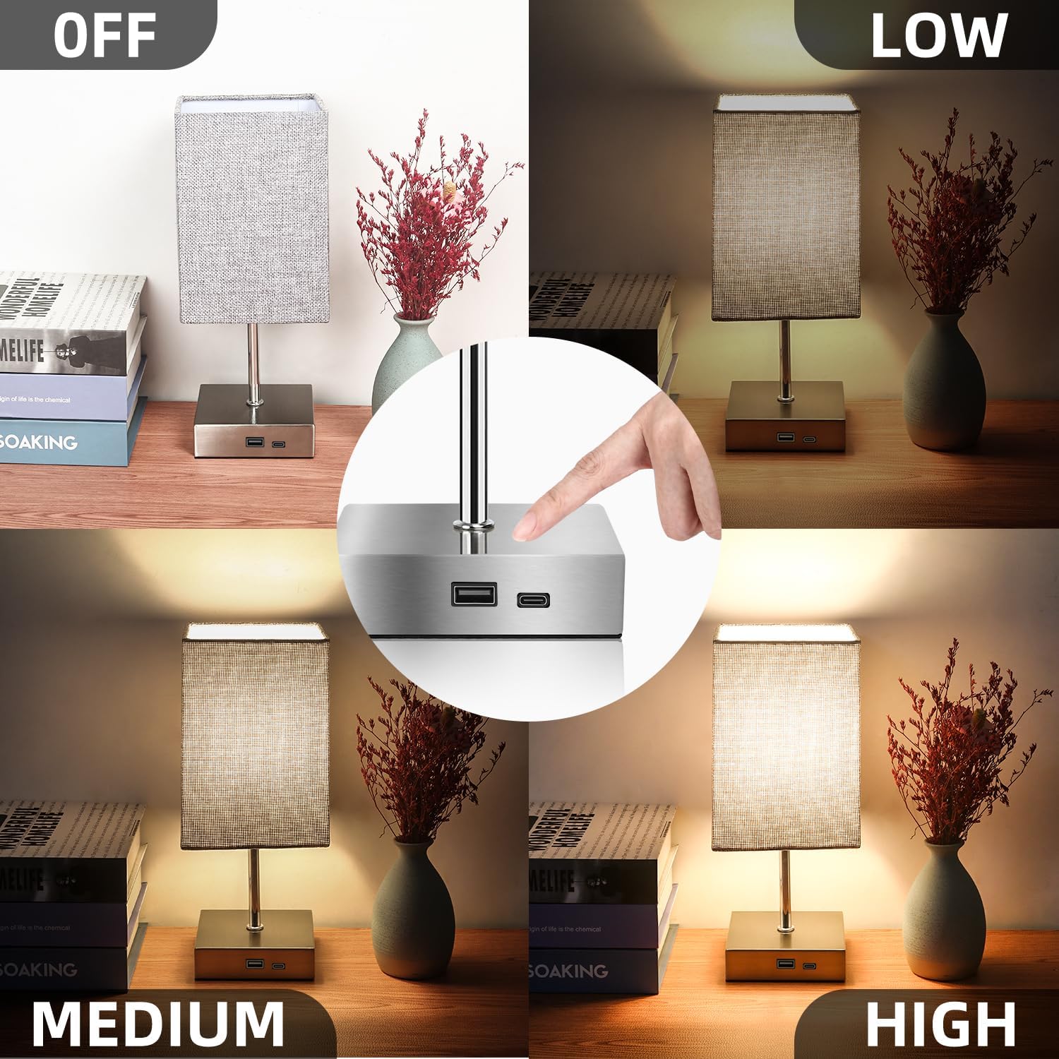Detalle 2 de Totofac Touch Bedside Lamp with USB Ports & 3-Way Dimming ⌛