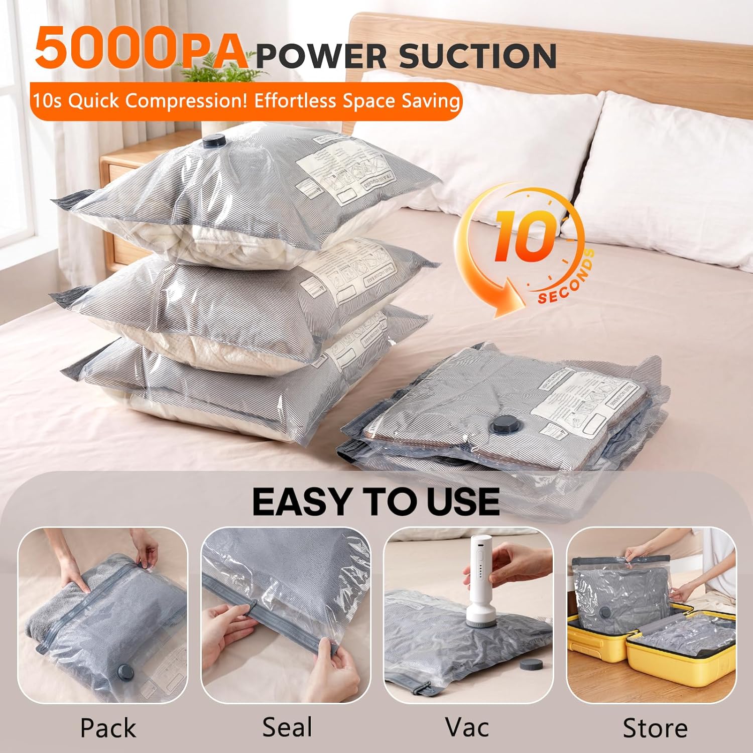 Detalle de 15 Pack Vacuum Storage Bags for Travel with Rechargeable Cordless Pump — Space Saver Set