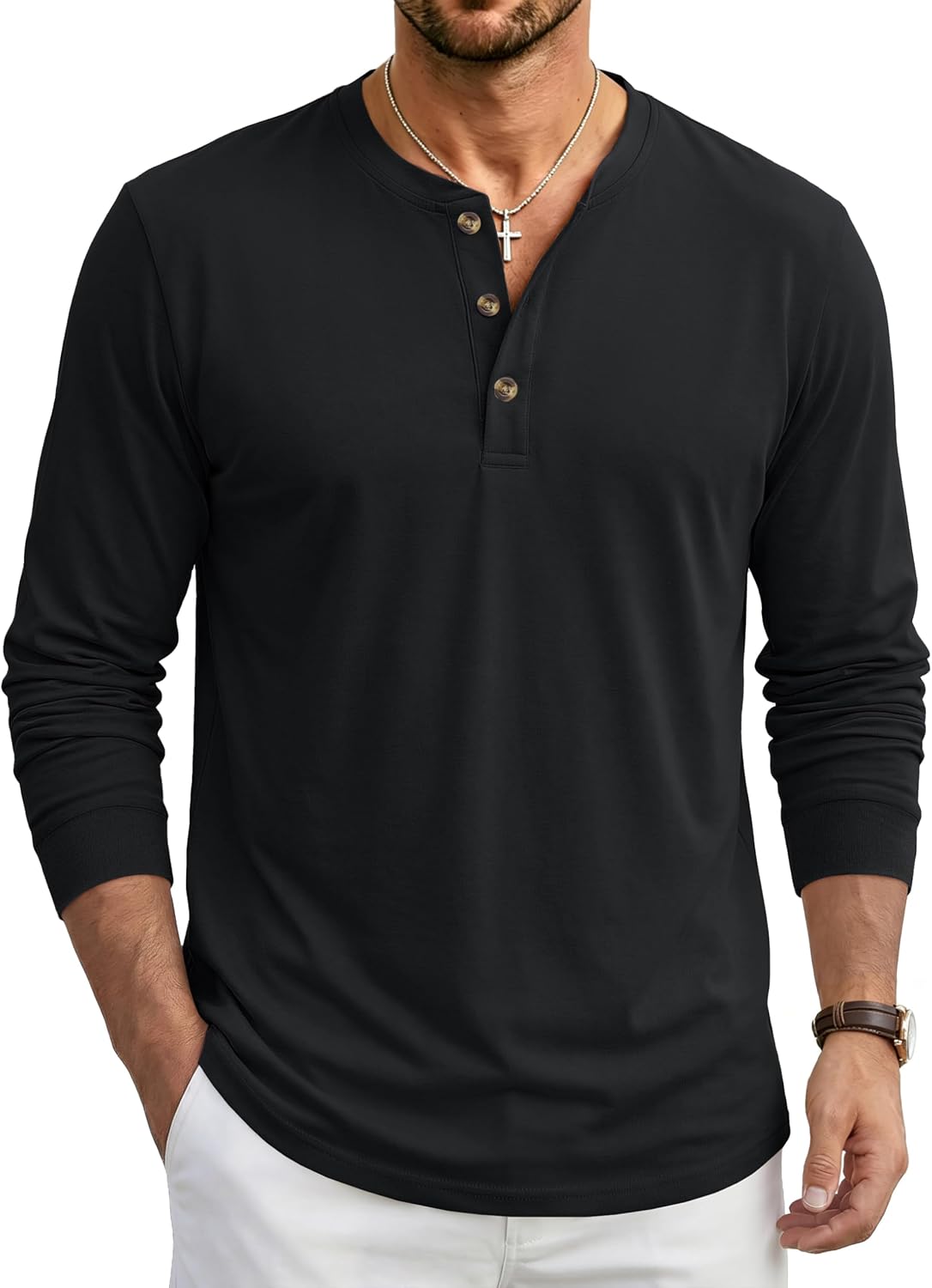 Detalle de TACVASEN Men's Cotton Henley Shirt, Long Sleeve, 3-Button