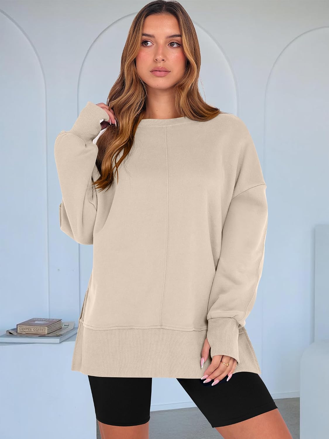 Detalle 2 de ANRABESS Oversized Fleece-Lined Sweatshirt with Thumbhole and Side Slits