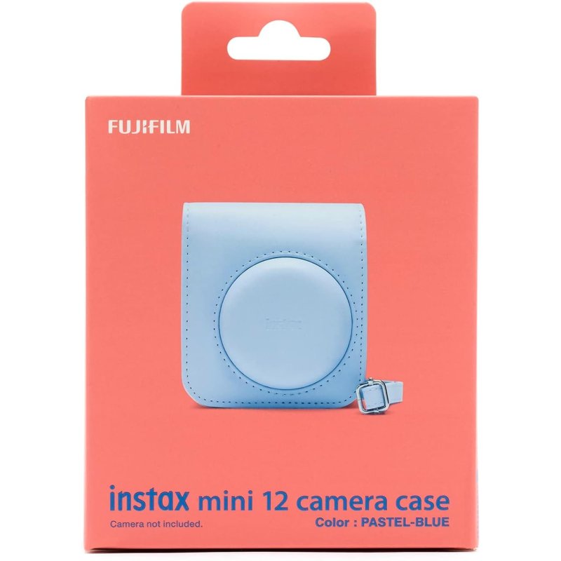 Detalle de Funda azul oficial Fujifilm para Instax Mini 12 con correa ajustable