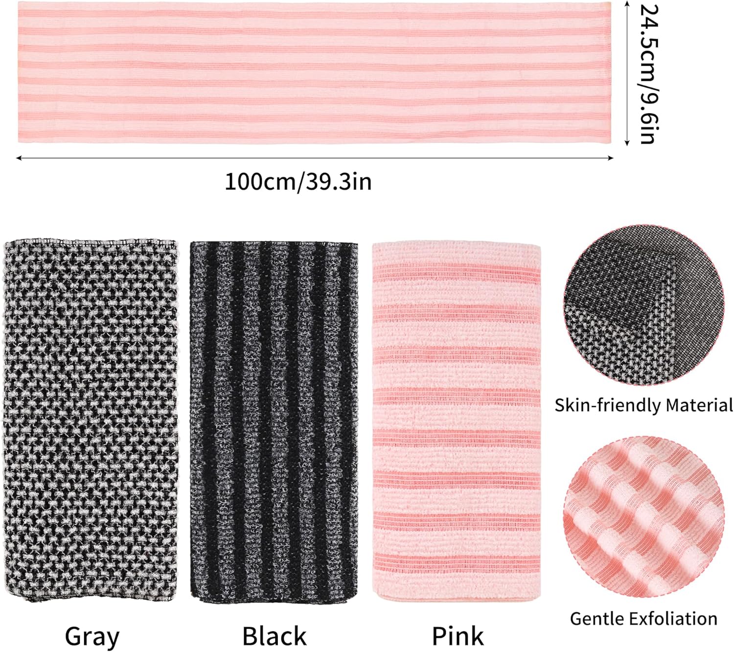 Thumbnail 1 de Herbbree 3Pcs Exfoliating Shower Towel – Extra Long Japanese Back Scrubbing Set (Black, Grey, Pink)
