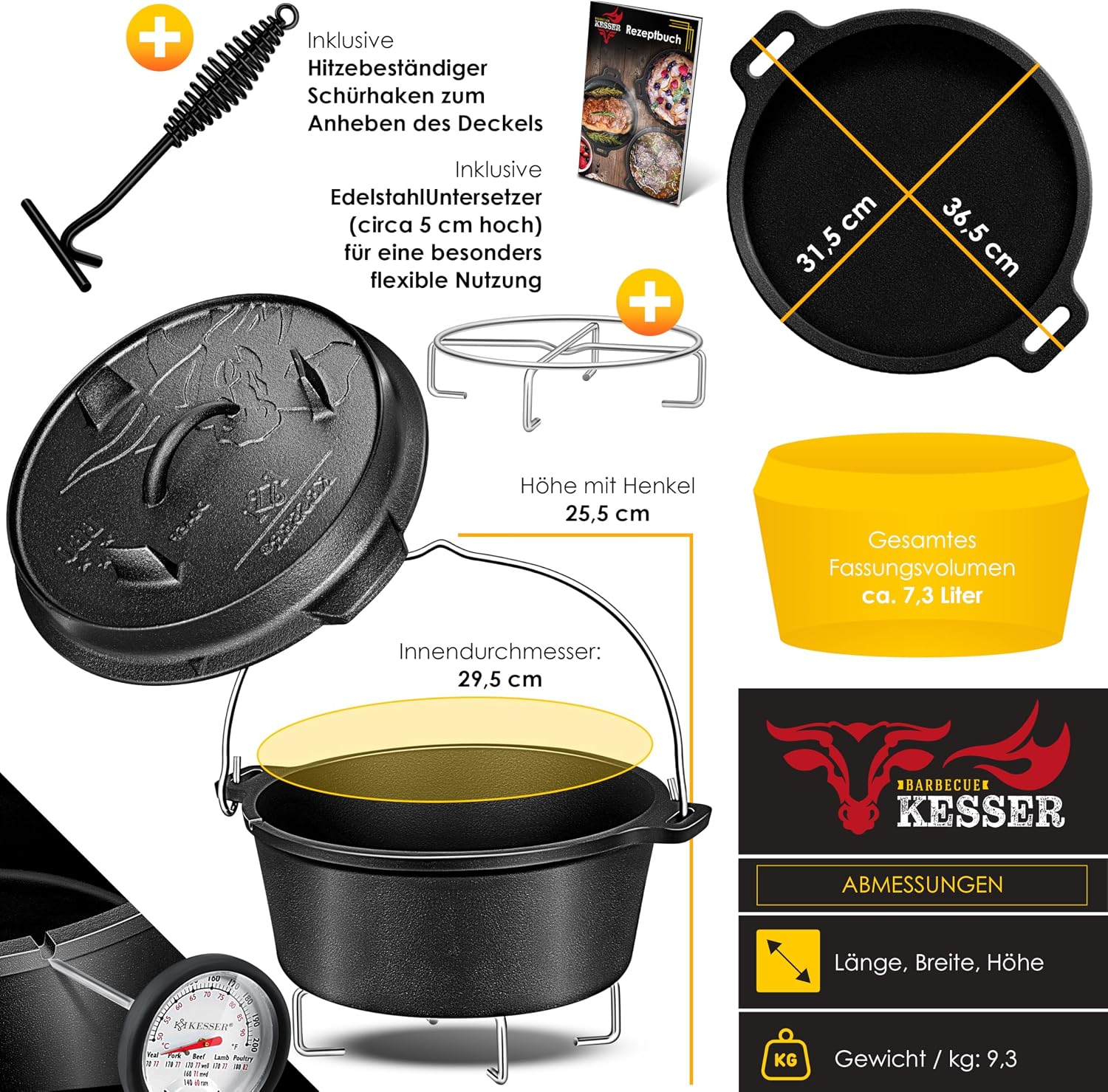 Thumbnail 6 de KESSER® Dutch Oven Set BBQ 7,3 Liter – Schmortopf & Feuertopf aus Gusseisen mit Edelstahleruntersetzer