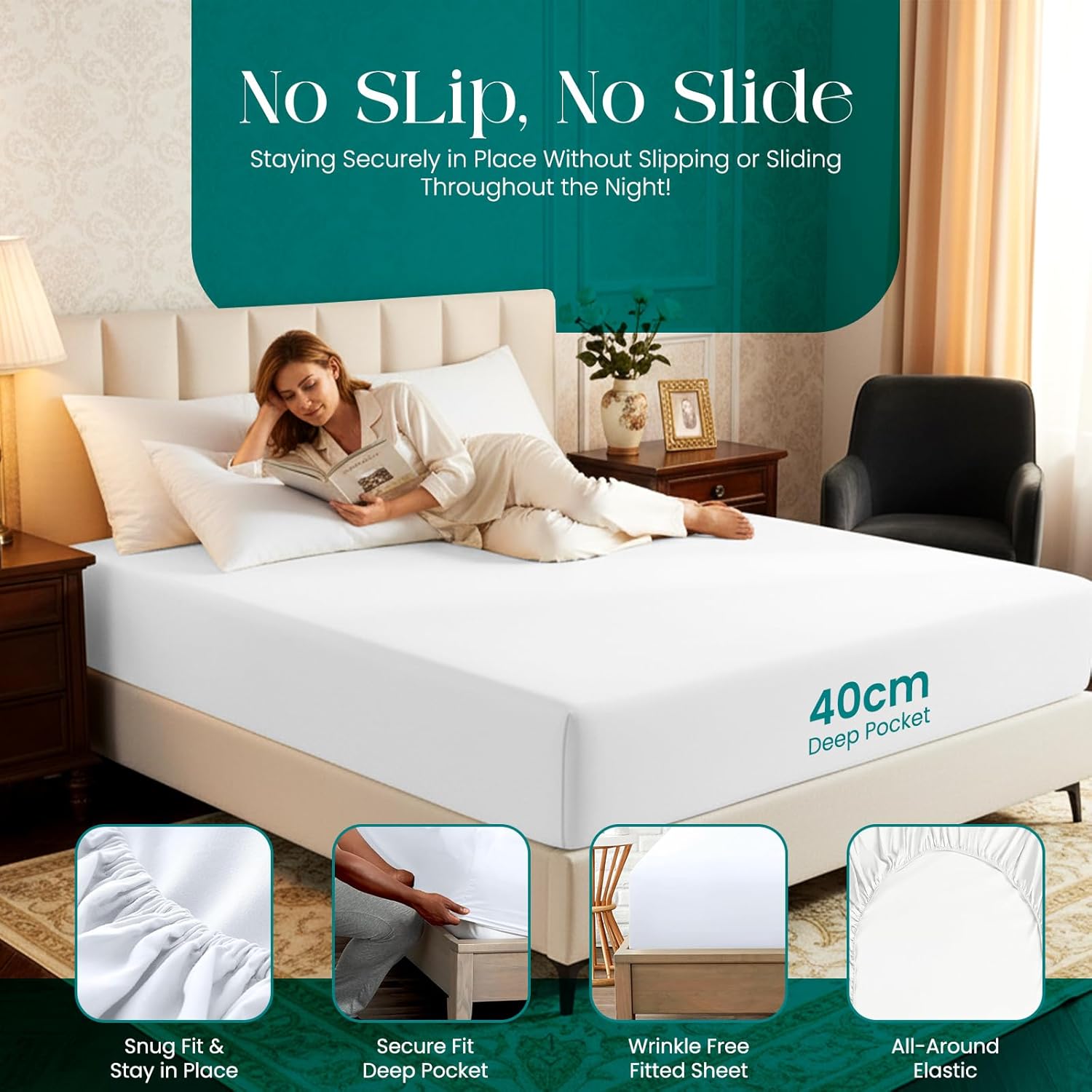 Thumbnail 2 de Linens World Egyptian Cotton Fitted Sheet (Double) – 40cm Deep Pocket, Breathable & Anti-Wrinkle, 200 Thread Count