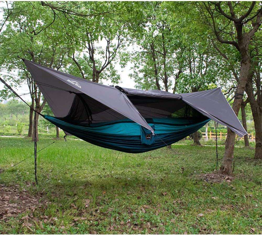 Detalle de AnorTrek Camping Hamac avec moustiquaire et bâche de pluie – Double, nylon 210T, avec sangles et tarp imperméable