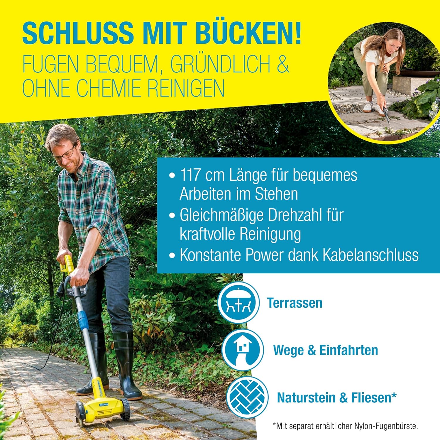 Detalle de GLORIA WeedBrush: Elektrischer Fugenbürsten-Versiegler für Pflasterfugen, Terrassenplatten und Wege
