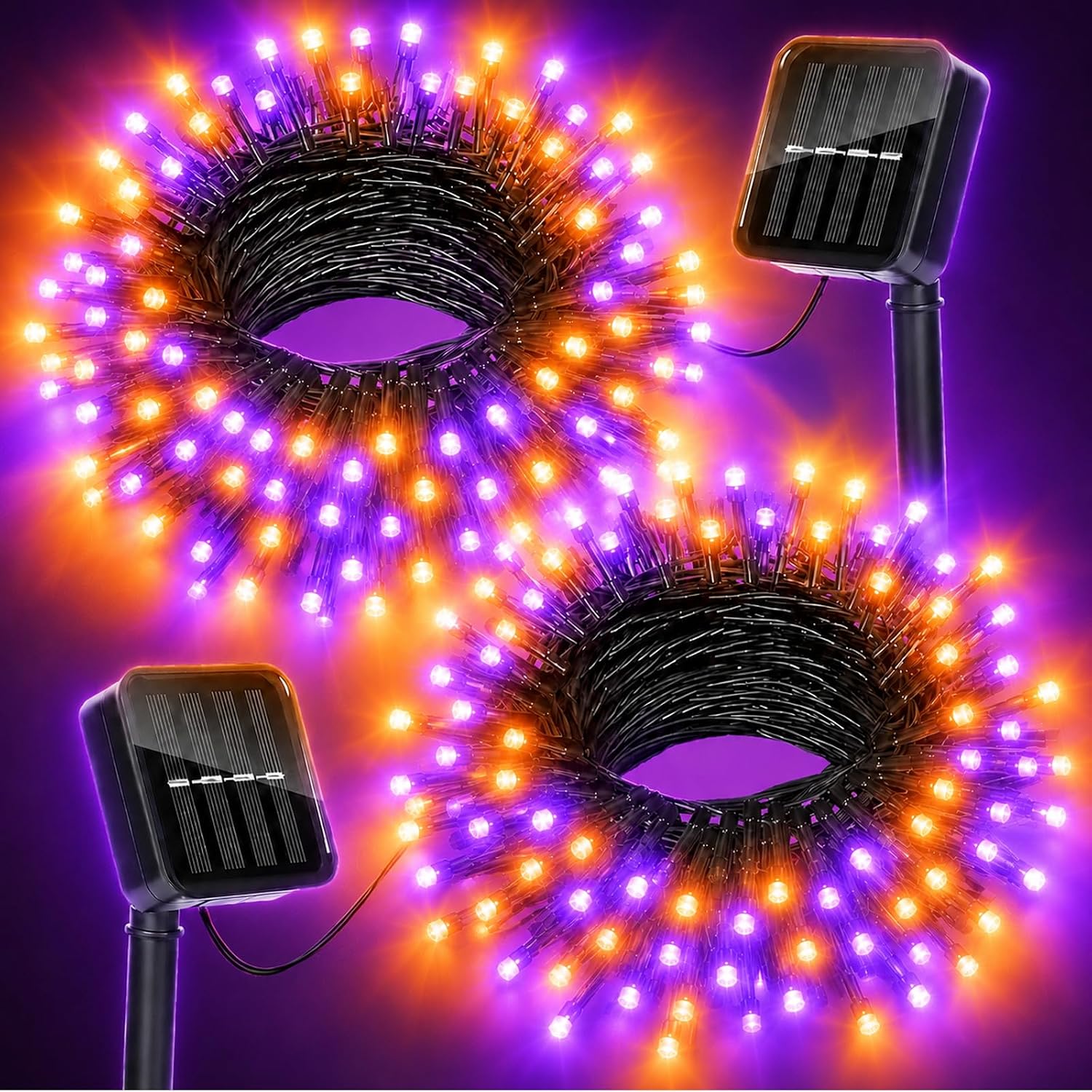 Detalle de Moettany Solar Halloween String Lights, 100 LEDs, 45 ft, Orange and Purple