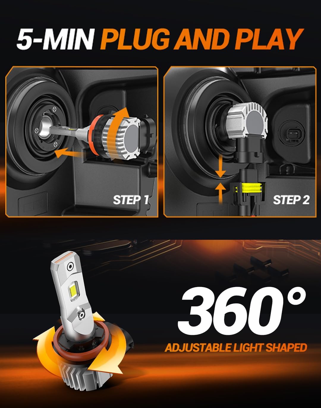 Thumbnail 3 de SEALIGHT H11 LED Fog Light Bulbs (H8/H16 Compatible) — 6500K Cool White, 360° Adjustable Ring, IP68 (Pack of 2)