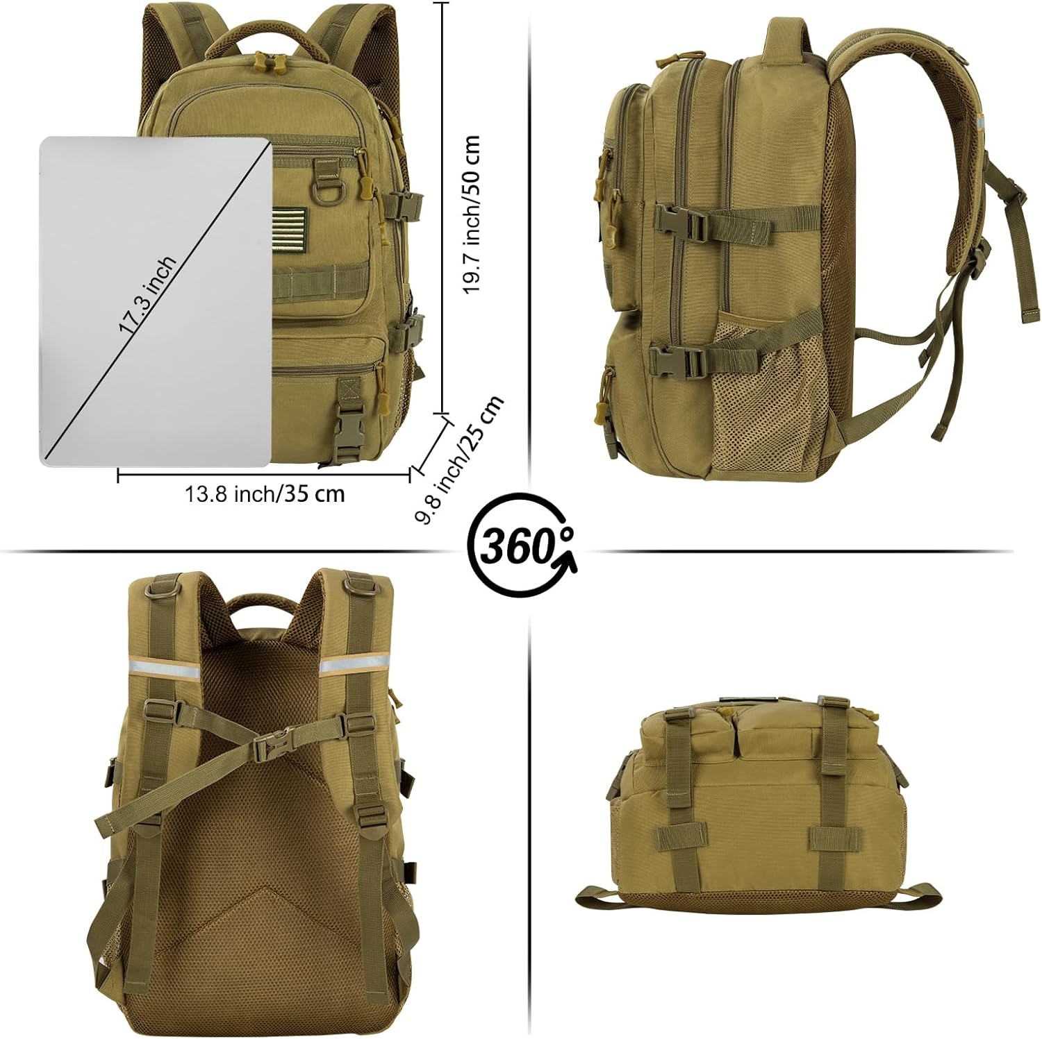 Detalle de FRONET Cartable Garçon/Fille Adolescent et Enfant 50×35×23 cm – Grand sac à dos 17,3" multi-compartiments, kaki