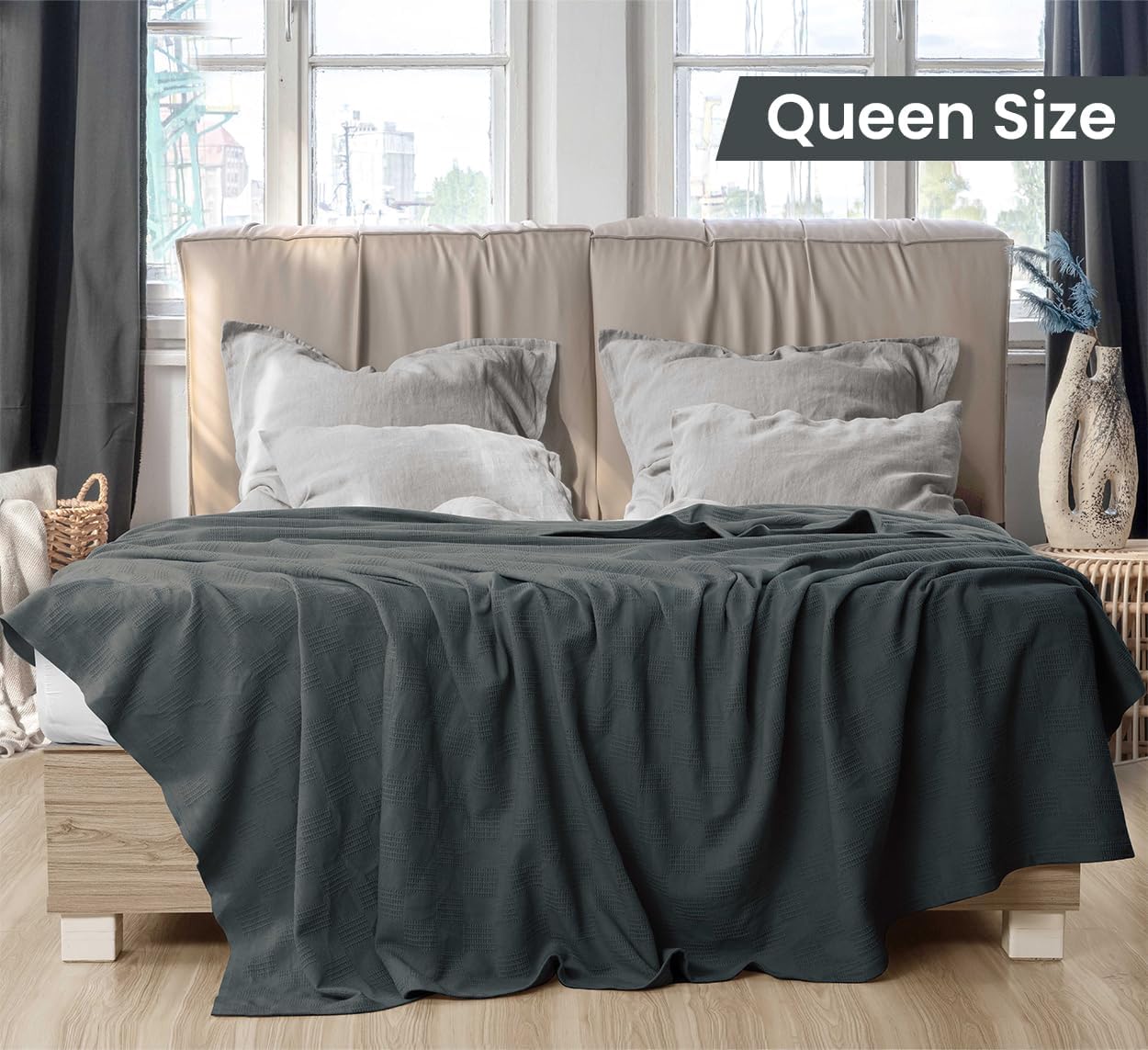 Detalle de Utopia Bedding 100% Cotton Thermal Blanket, Queen, Smoke Gray, Dobby Weave