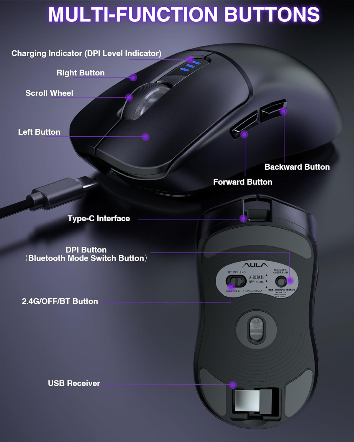 Thumbnail 6 de AULA SC580 Wireless Gaming Mouse: Tri-Mode, 12000 DPI, Lightweight & Programmable