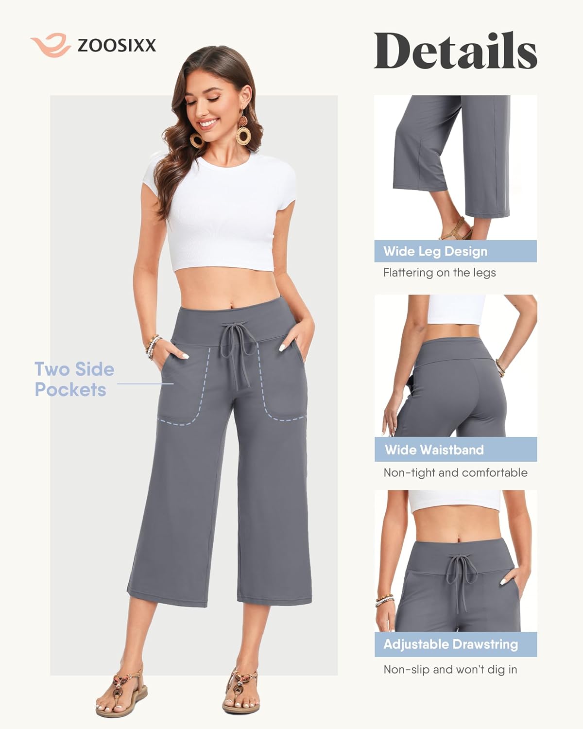 Thumbnail 3 de ZOOSIXX Capri Pants for Women - Wide Leg Drawstring High-Waisted Capris with Pockets