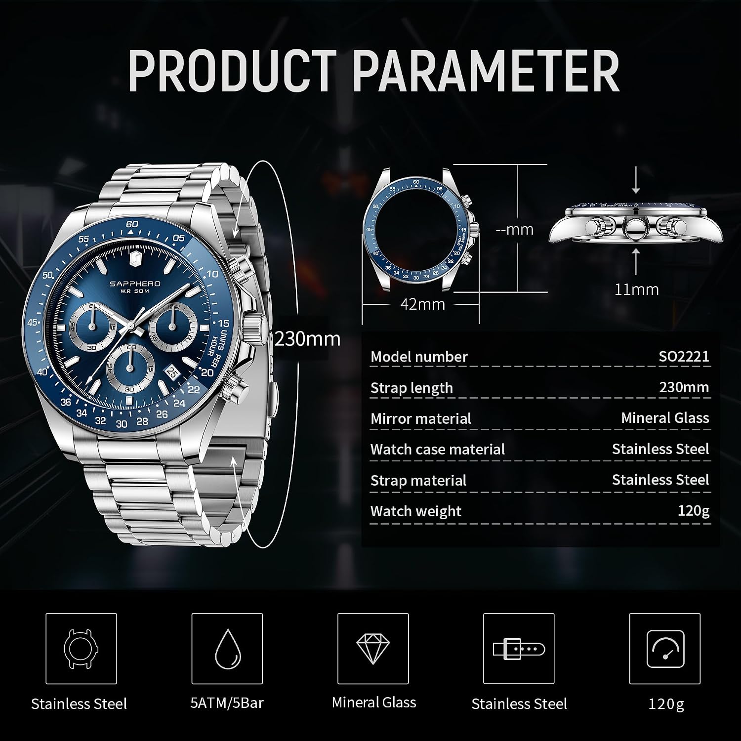 Detalle 2 de SAPPHERO Montre Homme chronographe en acier inoxydable étanche 50M — cadran mat analogique quartz