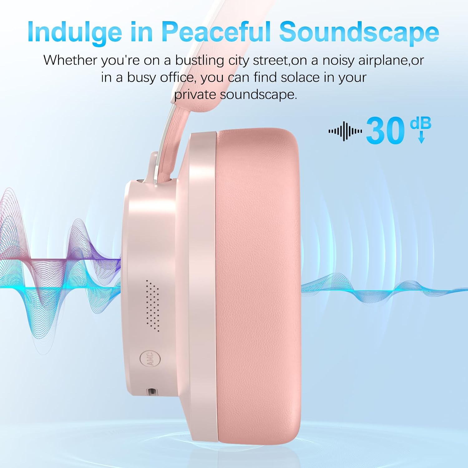 Detalle de TSYUCXH Noise Cancelling Wireless Over-Ear Headphones (Pink) with Microphone