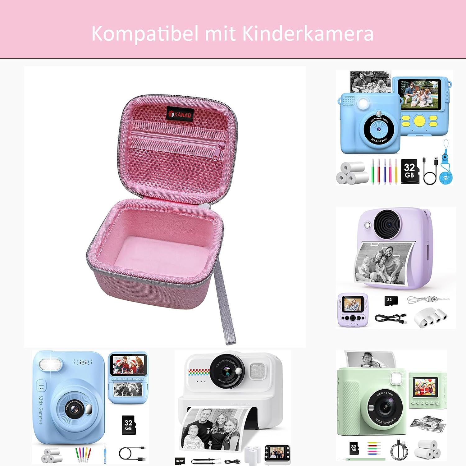 Thumbnail 2 de XANAD Kinderkamera Tasche für Sofortbildkameras – wasserdichte, stoßfeste Schutzhülle mit Thermodruckpapier-Fach (Rosa)