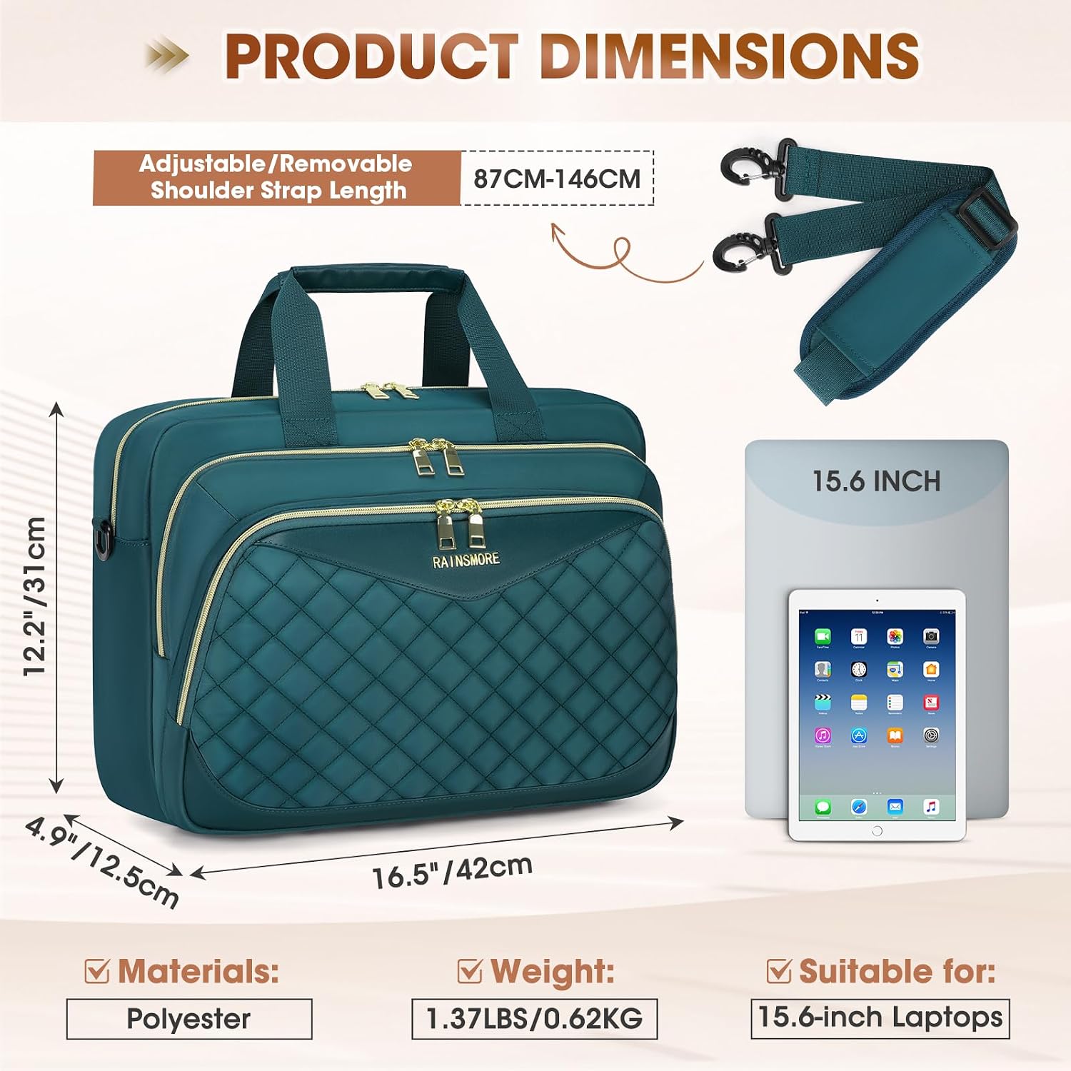 Detalle de RAINSMORE Laptop Bag for Women 15.6 Inch: Practical, Professional Briefcase for Work and Travel