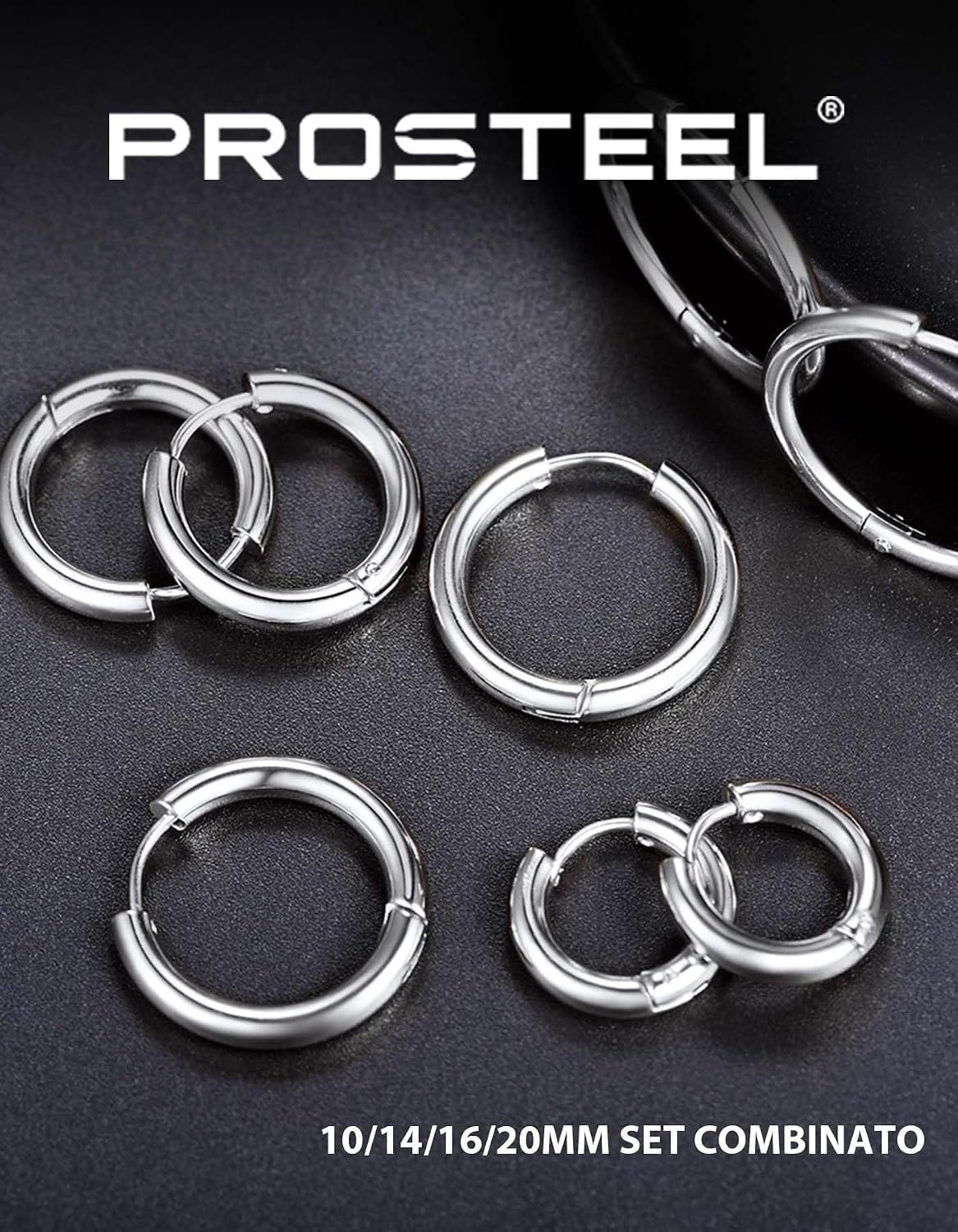 Detalle de PROSTEEL set di orecchini a cerchio da uomo unisex in acciaio 316L placcati oro e metallo nero (3 o 4 pezzi)
