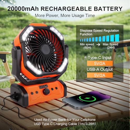 Detalle de ELZO Camping Ventilador 20000mAh: ventilación portátil con luz, mando y gancho para exterior