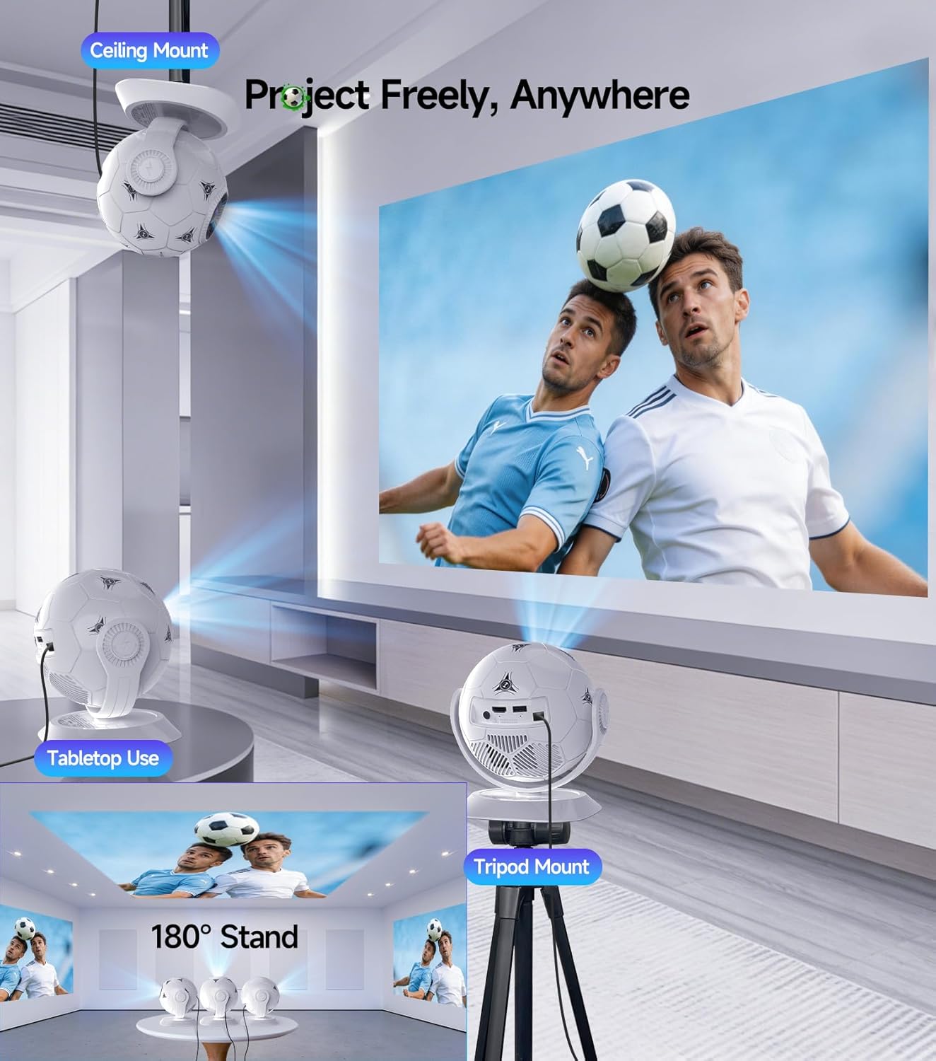Thumbnail 6 de 2026 Android 14 Mini Projector with WiFi 6 and Bluetooth 5.4 – 4K Support, 180° Auto Keystone