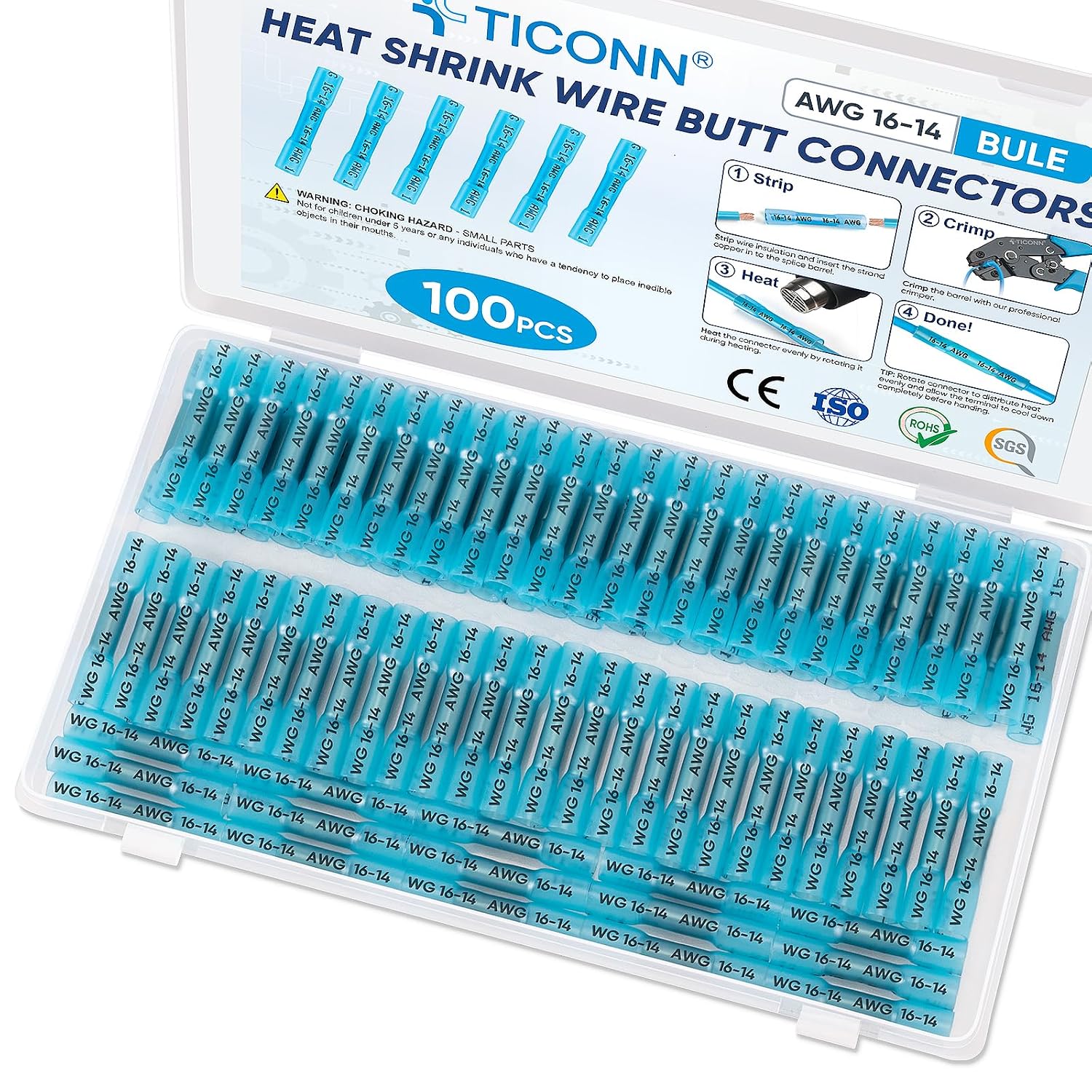 TICONN TICONN-2172 Heat Shrink Butt Connectors, 100-Pack, Blue, 3:1