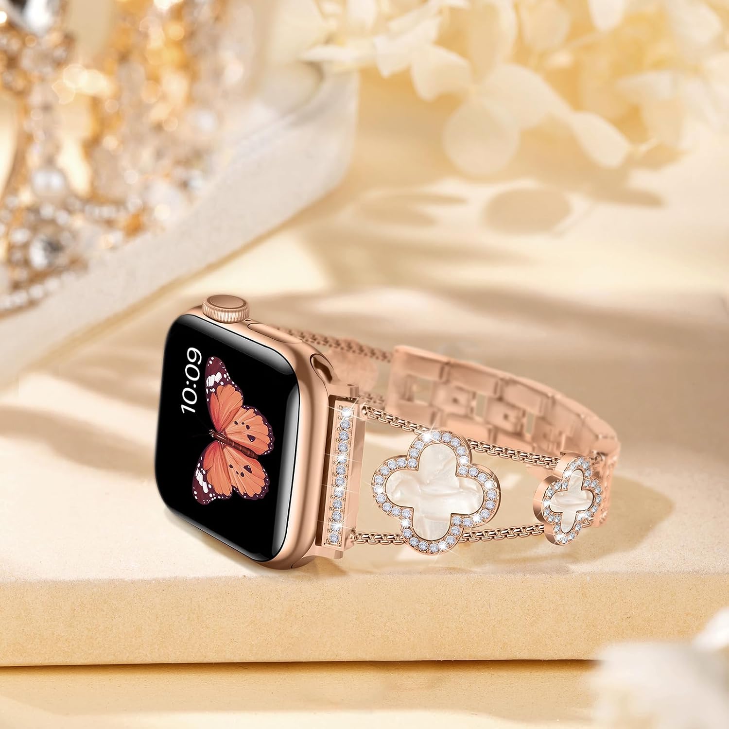 Detalle de Tasikar Bling Diamond Women Straps for Apple Watch (Rose Gold) – Lucky Clover Dressy Replacement Bracelet