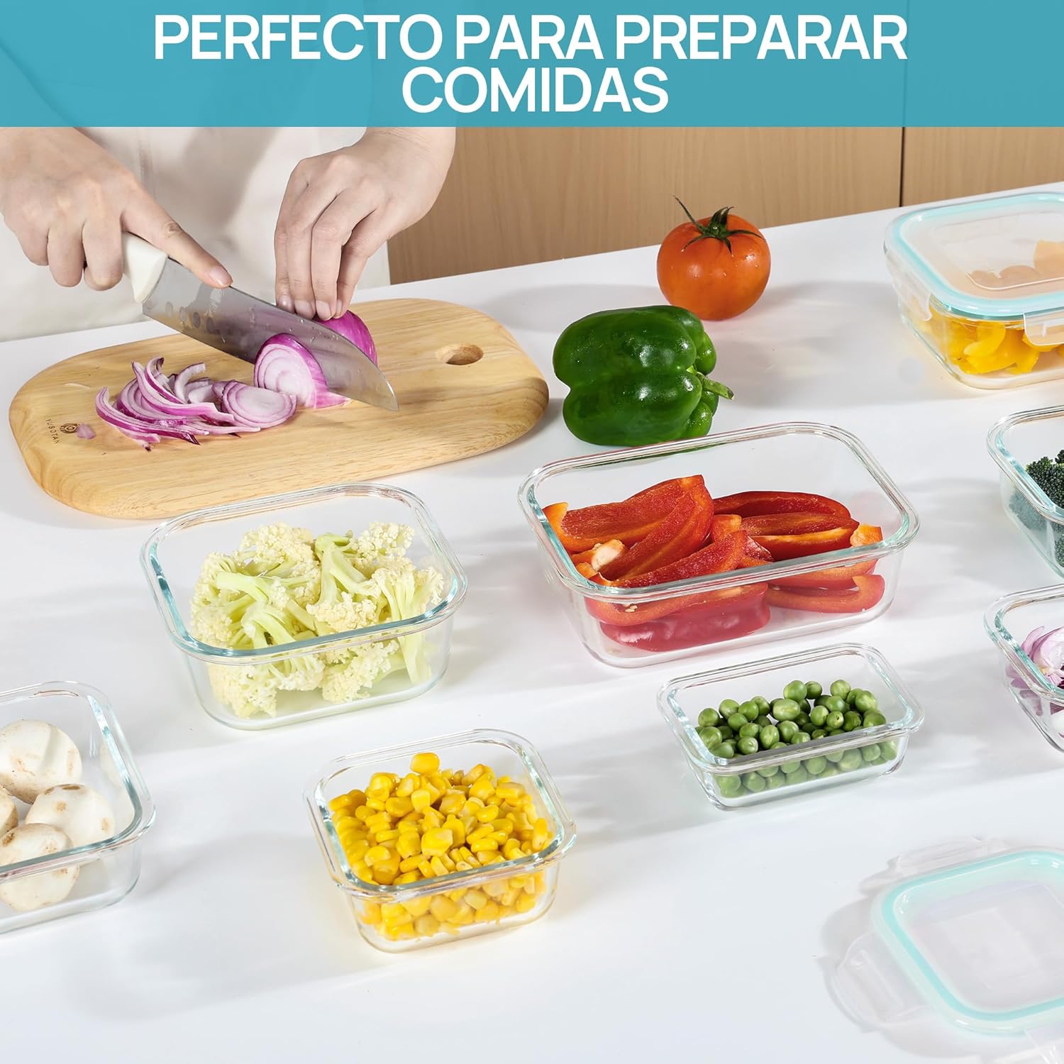 Detalle 2 de Vtopmart set de 8 recipientes de cristal para alimentos (herméticos, apilables y reutilizables)