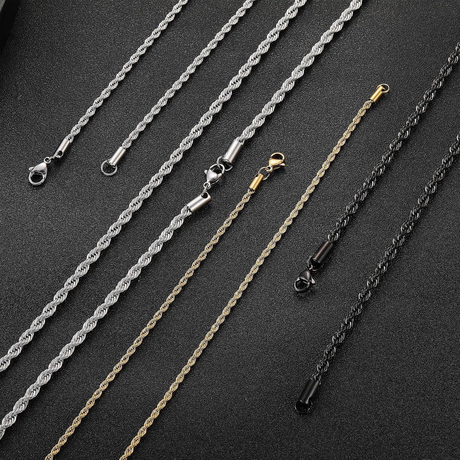 Thumbnail 6 de RWQIAN Kordelkette Herren Edelstahl Verdrehte Kette 2–4 mm, Silber/Gold/Schwarz | 45–70 cm