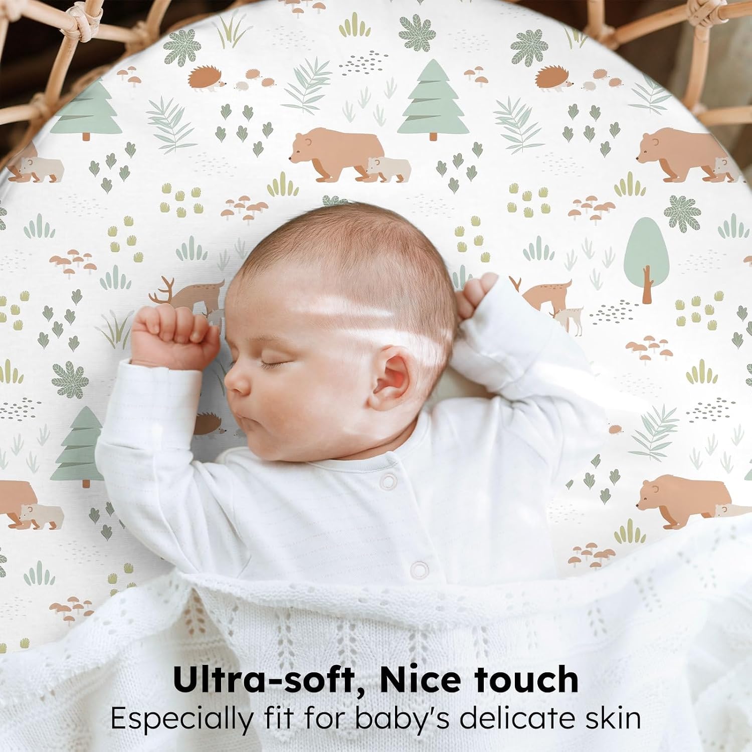 Detalle de FIEMOL Baby Moses Basket Sheets 81x41 cm — 3 Pack, Ultra-Soft Microfiber Pram Sheets for Bassinet (Green Forest Bear)