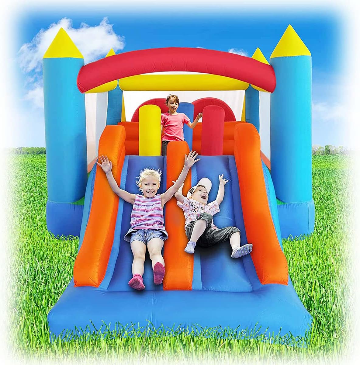 Detalle 2 de Ballsea Inflatable Bouncy Castle Kids Bounce House with Dual Slide & Air Blower, 4.88 x 2.4 x 1.9m