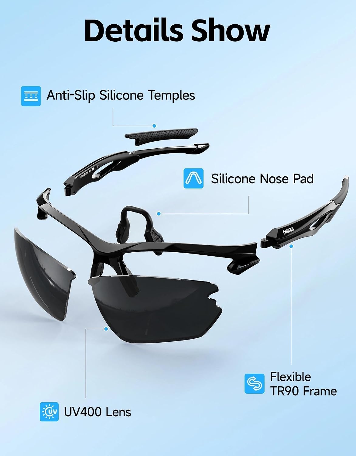 Detalle 2 de BONDDI Fahrradbrille: Polareisierte Sportsonnenbrille mit unzerbrechlichem TR90-Rahmen