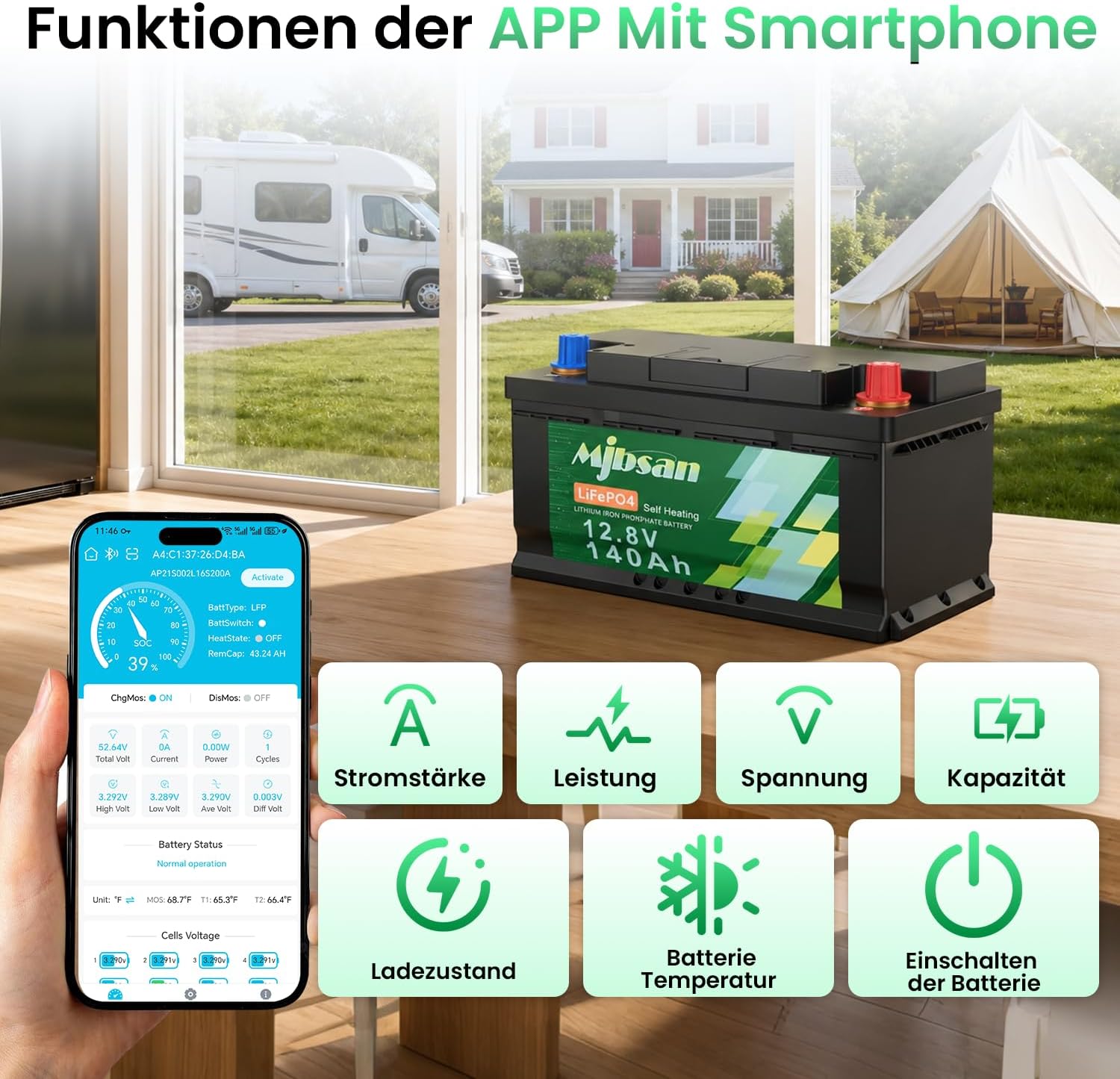 Thumbnail 5 de Mjbsan 12 V 140 Ah självvärmande LiFePO4-batteri med Bluetooth och 150 A BMS