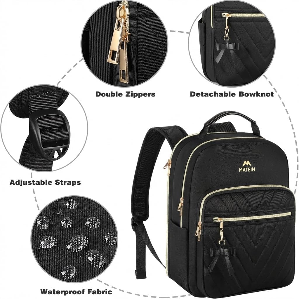 Detalle de MATEIN Damen-Rucksack Klein 2-in-1 Set mit Geldbeutel, wasserdicht, mit USB-Ladeanschluss (bis 13,3 Zoll) – Schwarz