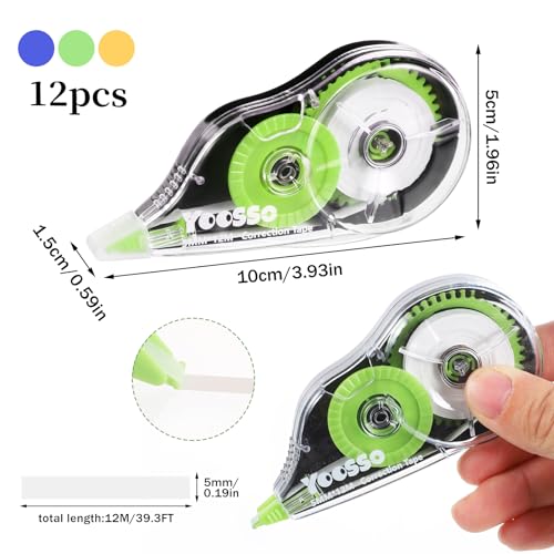 Detalle de Yoosso: Pack de 12 Cintas Correctoras 12 m x 5 mm en Amarillo, Azul y Verde