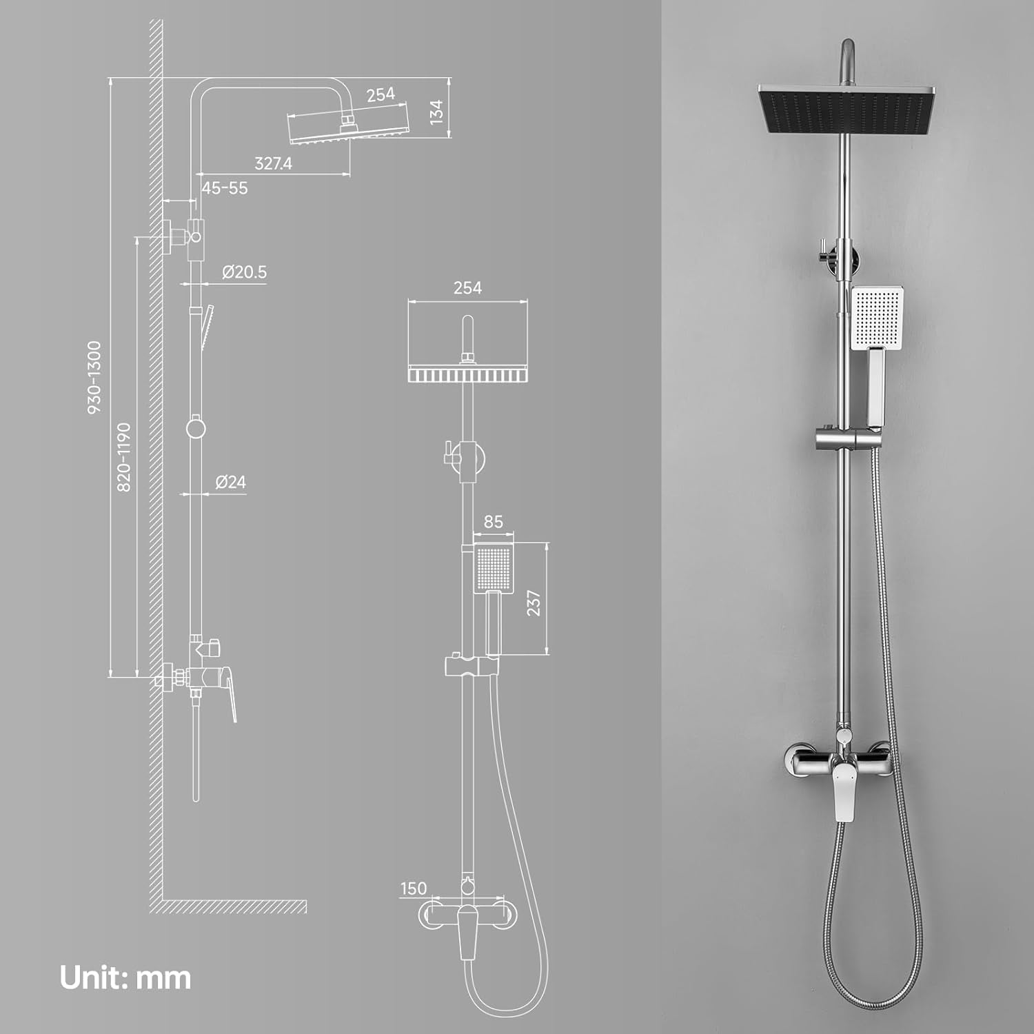 Thumbnail 5 de Auralum Colonna Doccia completa con Miscelatore, Asta Saliscendi in Acciaio inox e Soffione 25 cm – Altezza 90–130 cm