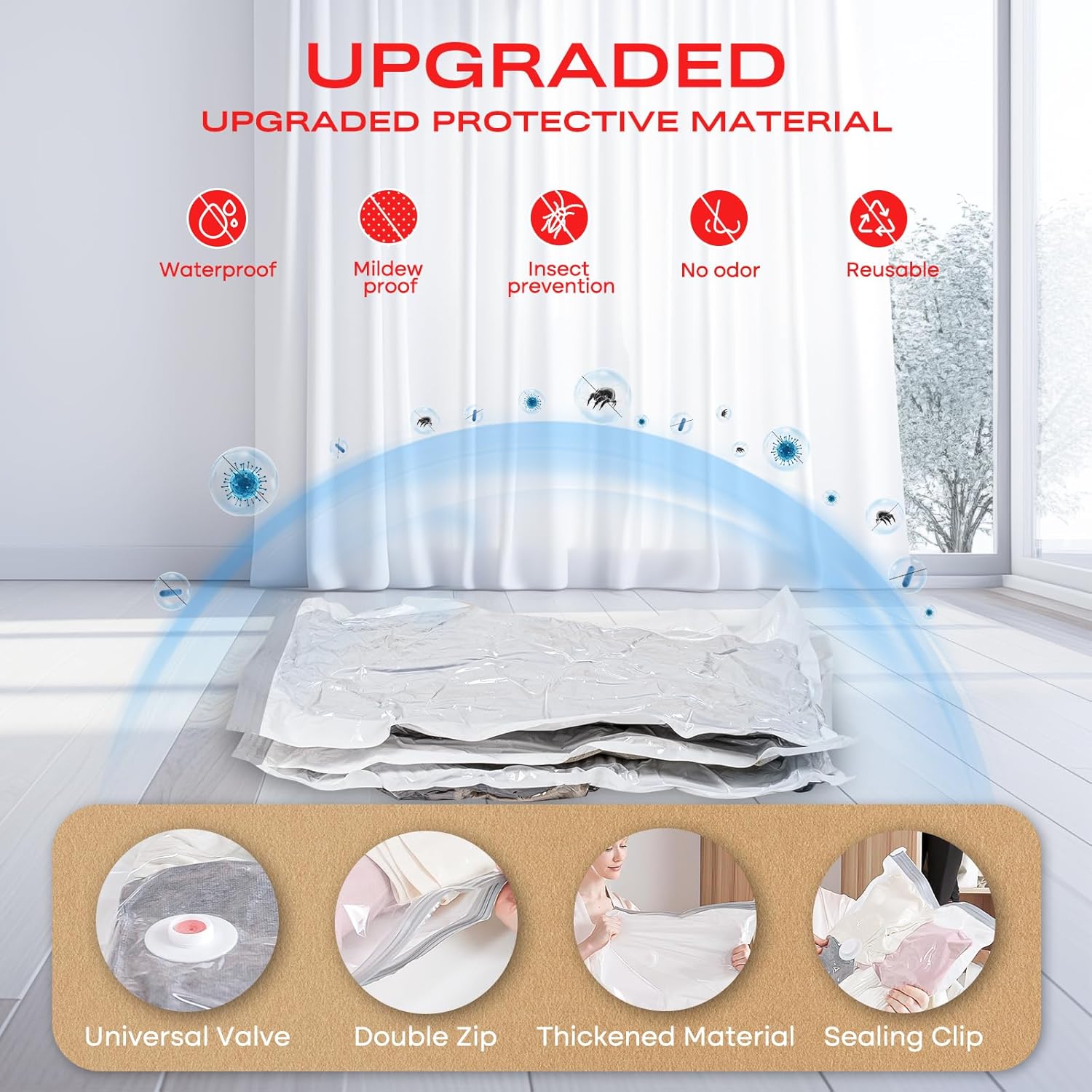 Detalle de Vacbird Vacuum Storage Bags (8 Pack) with Electric Air Pump – Reusable Space Saver Bags for Clothes