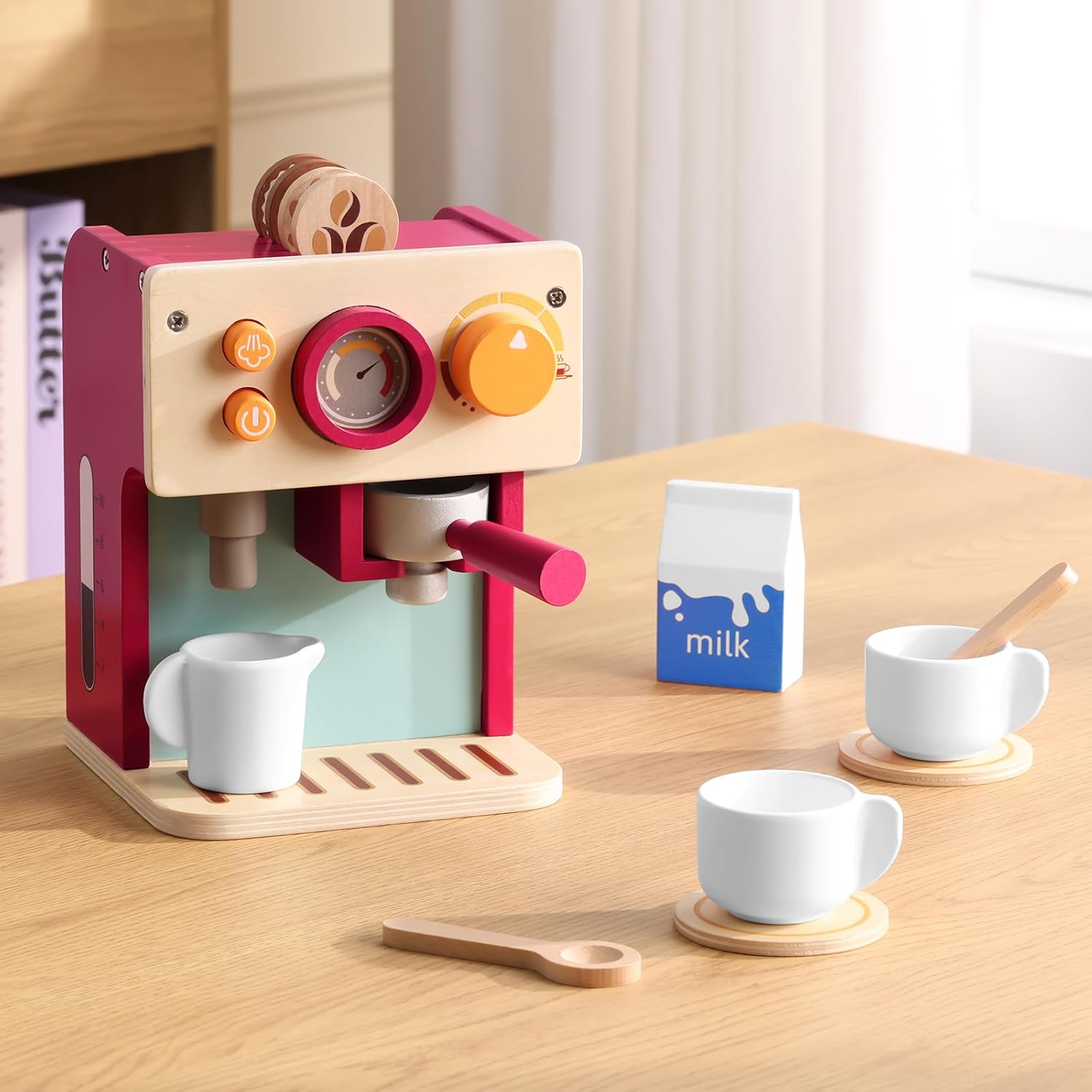 Detalle de GAGAKU Macchina da caffè per bambini in legno, gioco Montessori per bambini da 3 anni con brocca per latte e accessori