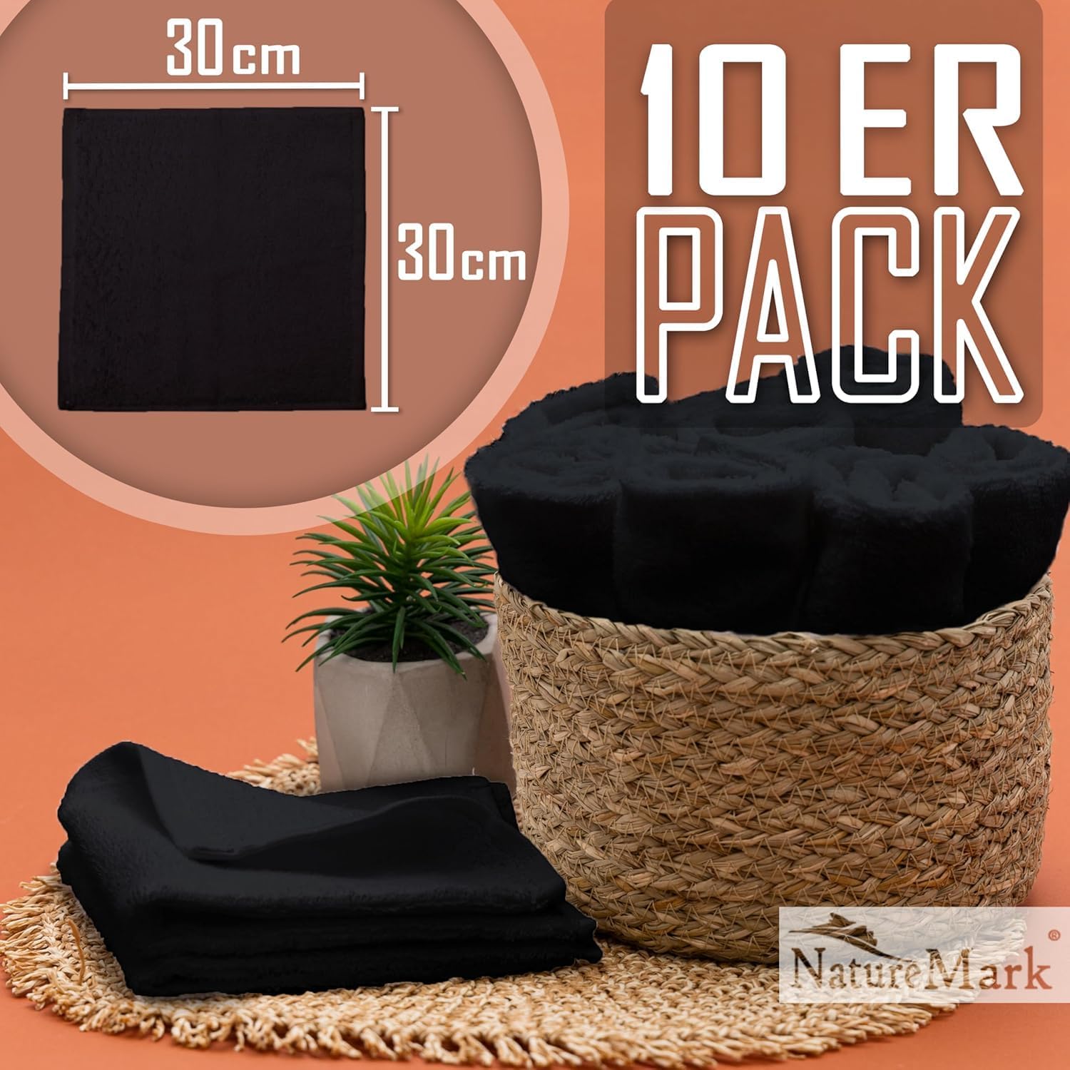 Detalle 2 de NatureMark NM-TWL-500-BK-33 washandjes, 10 stuks, zwart katoen 30 x 30 cm
